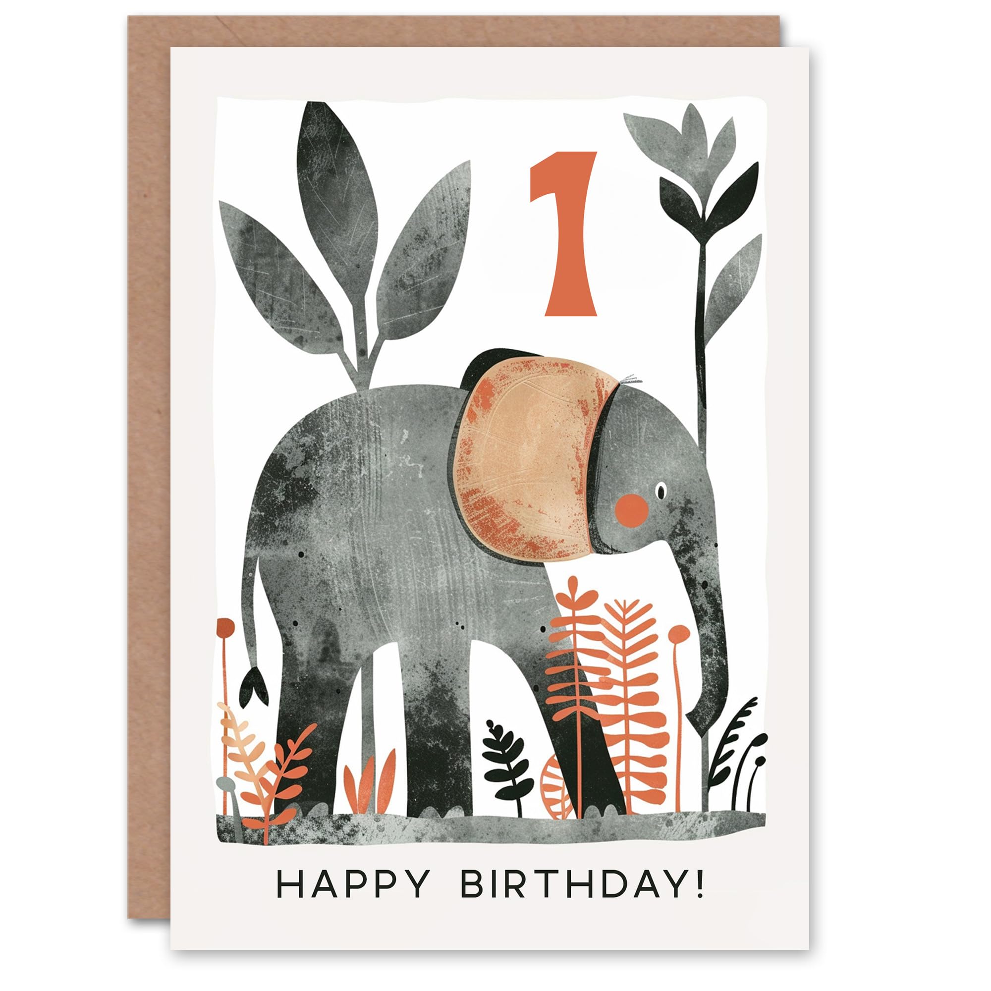 Artery8 Birthday Card Elephant Safari Nature Animal Cartoon Cute 1st Birthday Greeting Card Grey