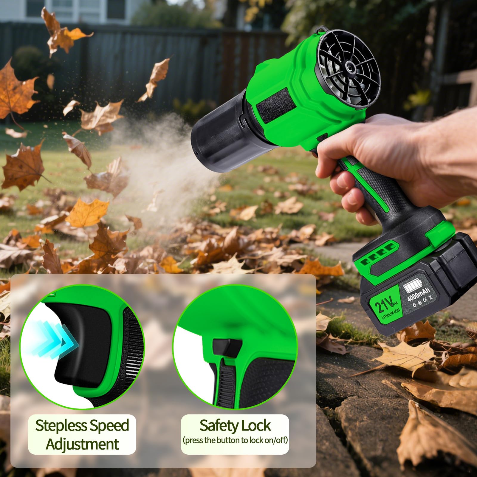 Soffiatore a batteria Turbo con 1 batteria da 4,0 Ah e caricabatterie | Soffiatore senza fili per foglie, giardino, polvere, neve, silenzioso, 800.000 giri/min