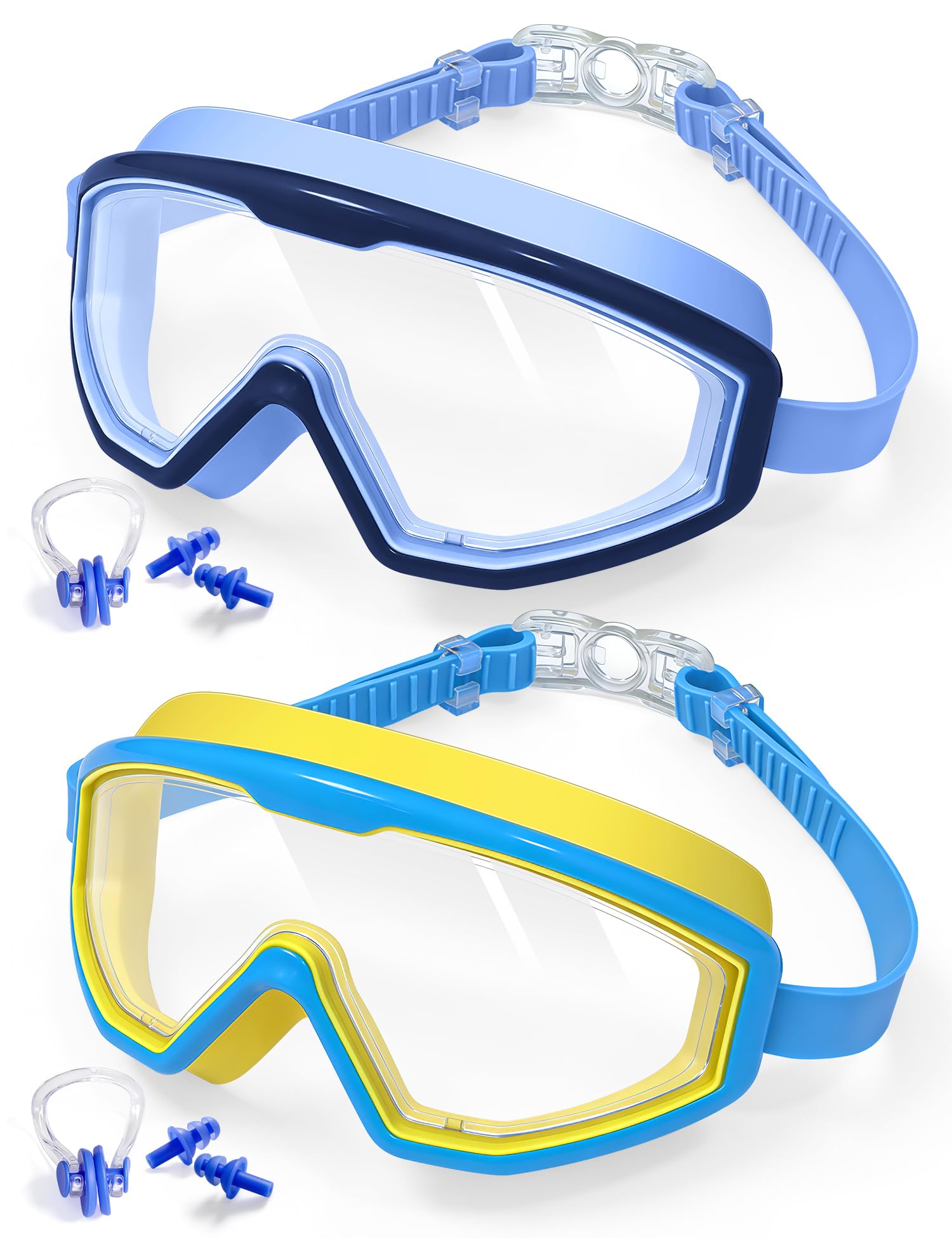FUSHI&MON Swim Goggles for Kids Age 3-15, 2 Pack Kids Goggles Childrens Swimming No Leaking Anti-fog Full Protection Child Boys Girls Toddlers (Black Blue + Yellow Green)