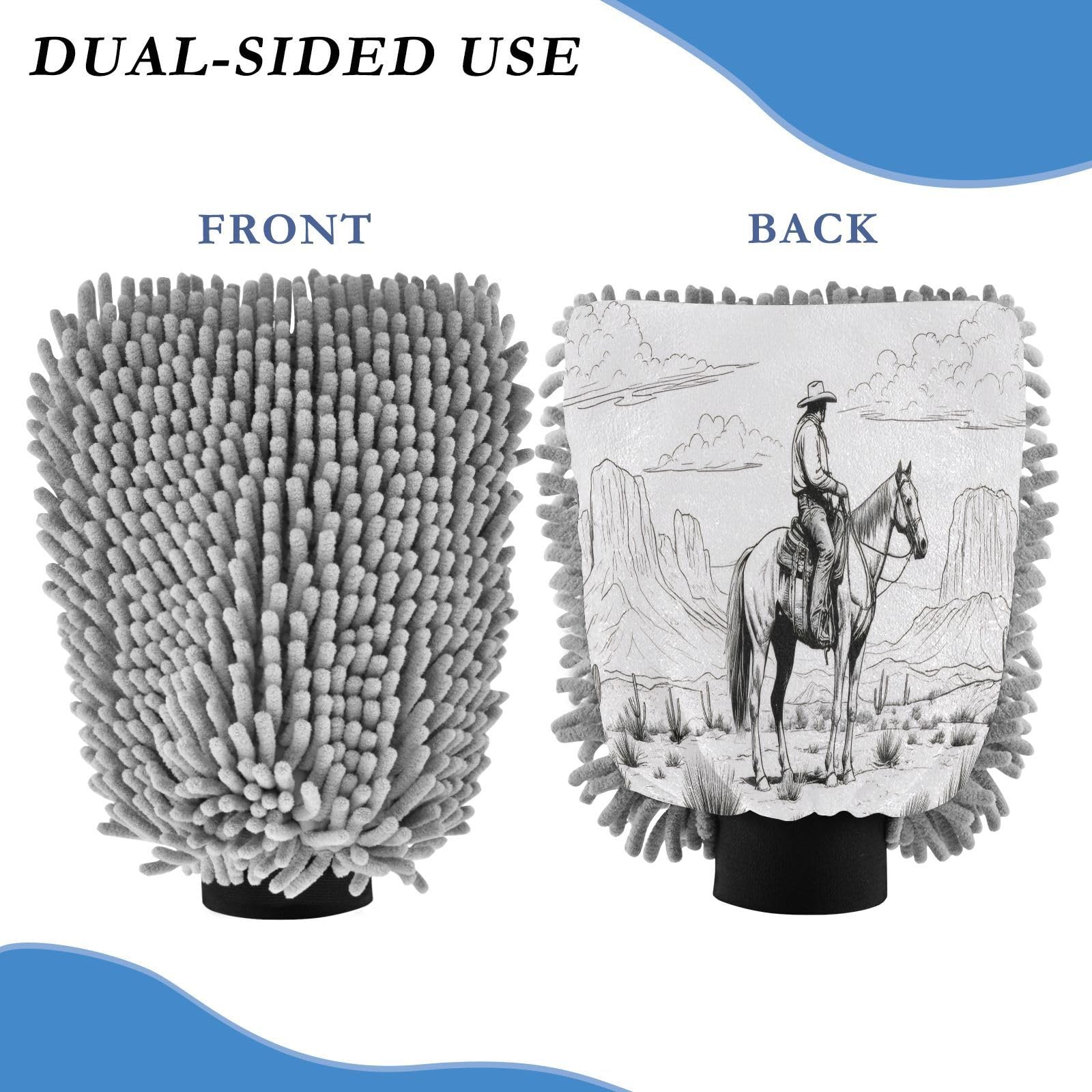 Flradish 2 Pack Vintage Western Cowboy Car Wash Mitt Chenille Microfiber Lint-Free Scratch Free Ultra-Soft Absorbent Car Wash Mitt 11.8x8.07 Inch