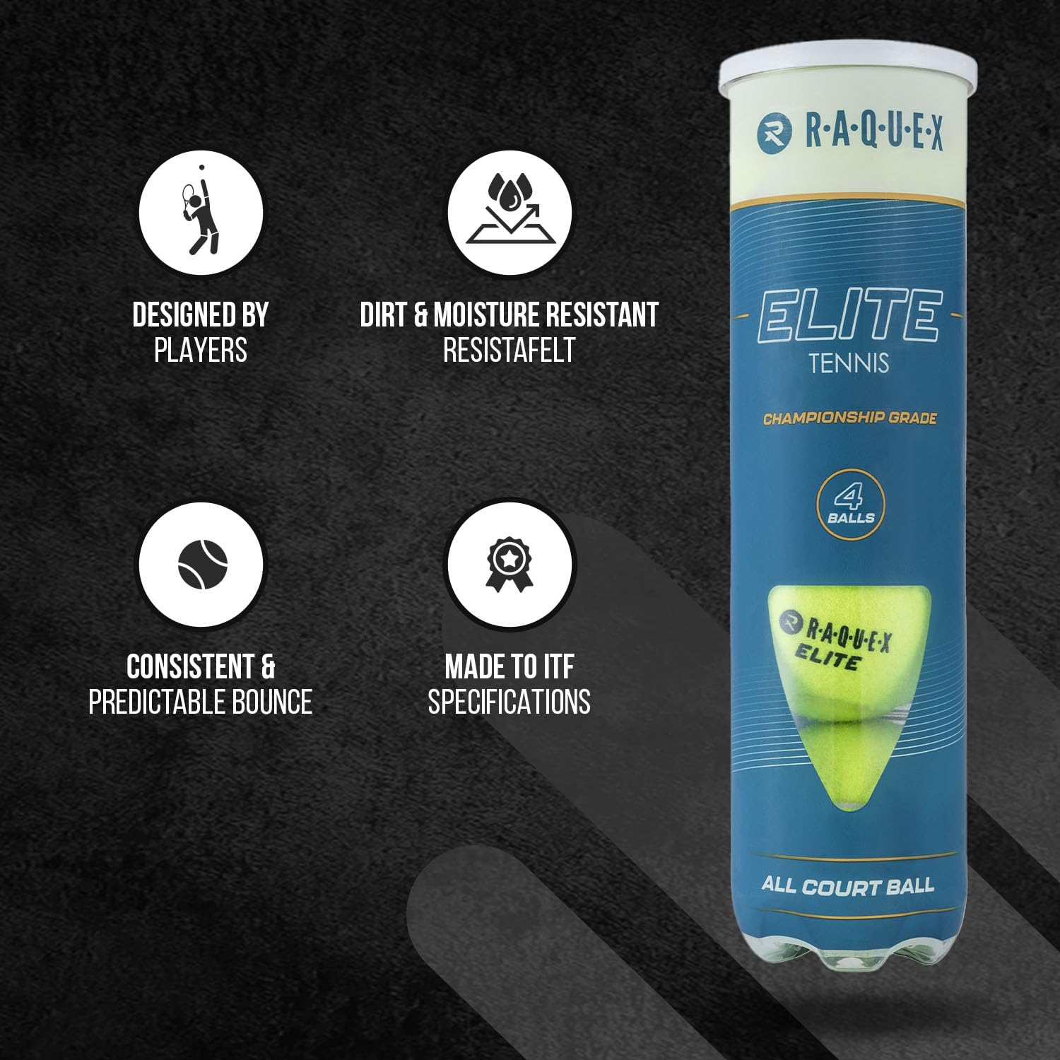 Raquex Elite 4x Tennis Balls (1 to 48 tubes) - All Court Championship Tennis Balls, Professional & Tournament Play - ITF Specification - Image 3