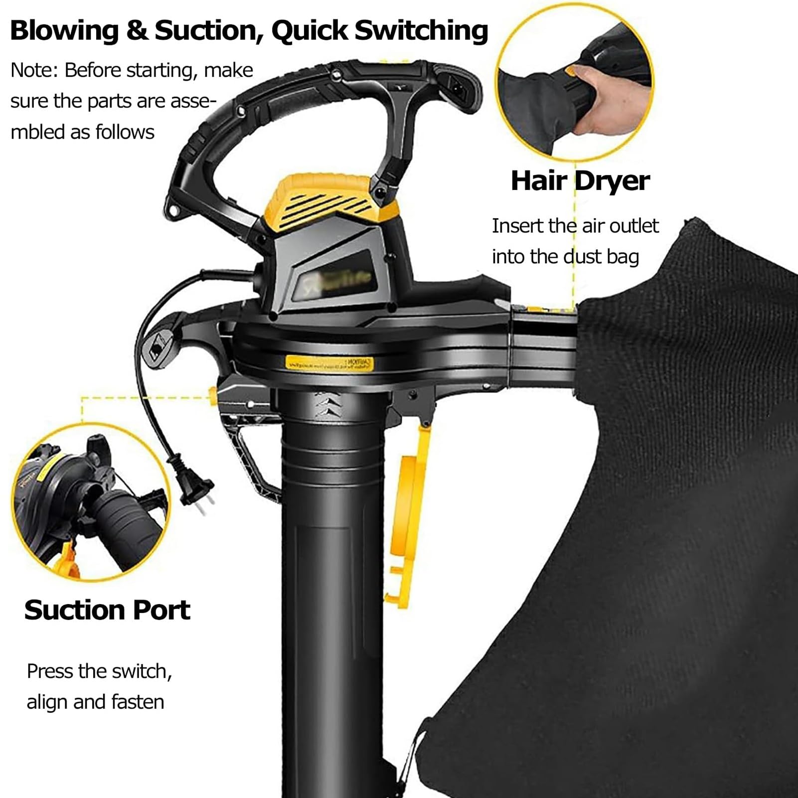 Soplador, aspiradora y trituradora de Hojas de 3800 W, Ajuste de 6 velocidades, aspiradora eléctrica for soplador de jardín, Bolsa recolectora de Hojas de 40 l