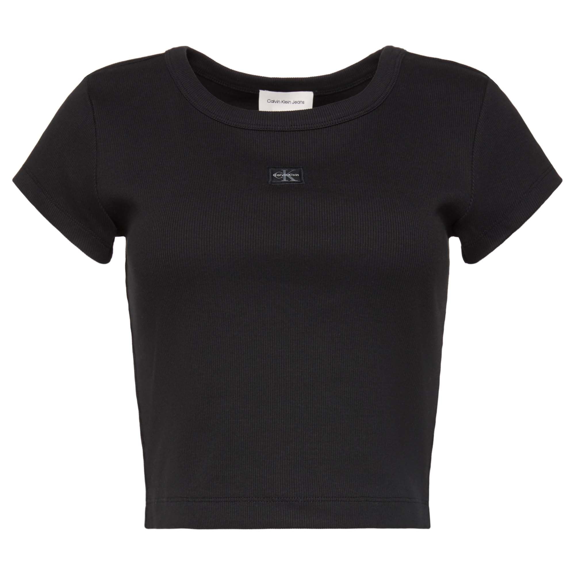 Calvin Klein Women's Black (Black) ’S Short Sleeve Round Neck Woven Label Rib Baby Tee, Xs