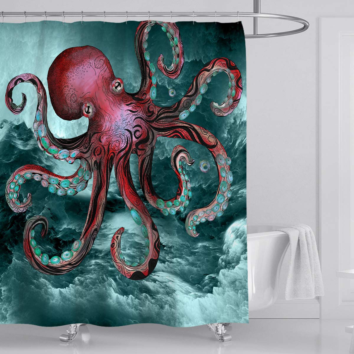 Yeacun Ocean Kraken Red Octopus Shower Curtain 72" x 72", Colorful Octopus Shower Curtains with 12 Hooks, Funny Curtain for Bathroom, Polyester Fabric Waterproof Bathroom Curtains, Sea Theme Decor
