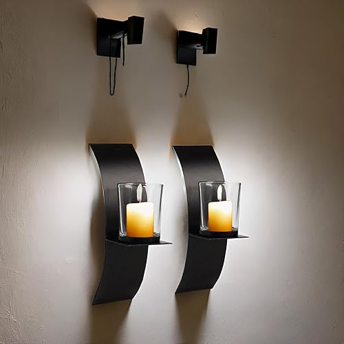 Miniatura 2 de Juego de 2 lámparas de pared para velas, candelabro de pared, solución de estantería, aplique de pared negro 3D, diseño curvado de hierro