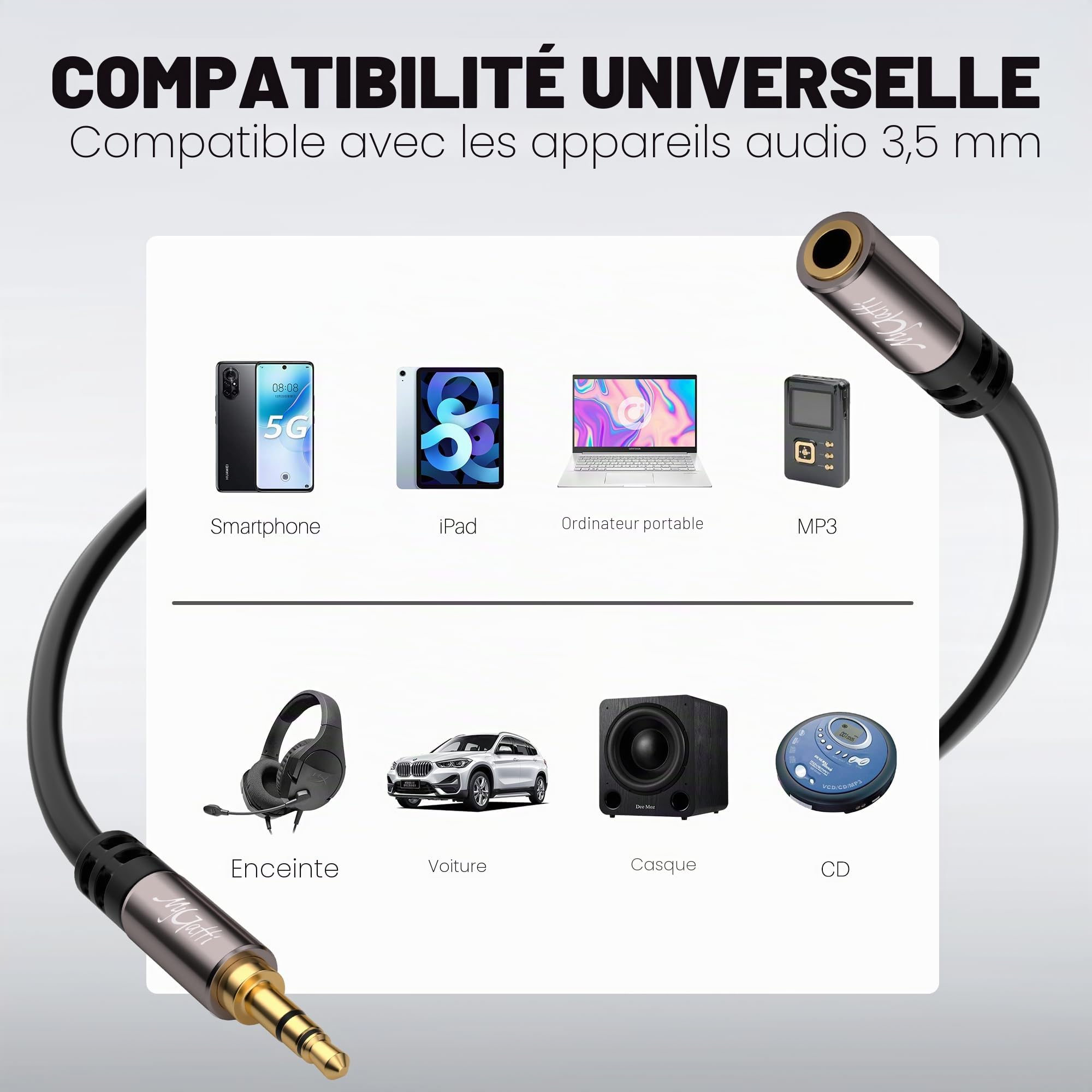 5m Câble d'extension stéréo jack 3,5 mm, rallonge audio mâle vers femelle, câble d'extension pour casque, noyau OFC, câble noir (avec 5 serre-câbles)