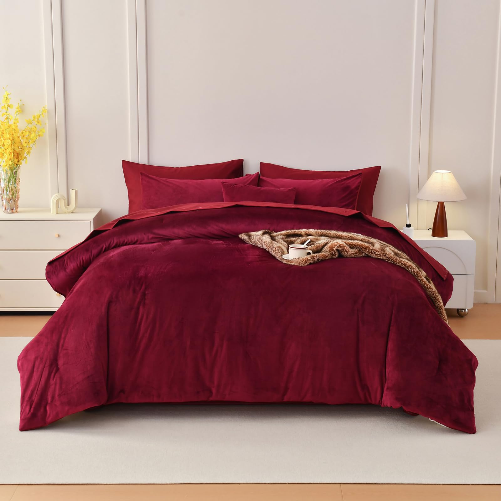 MerrywordBurgundy Velvet Comforter Set Bed in A Bag 6 Pcs Twin Size Distressed Velvet Bedding Comforter Set Soft Plush Shaggy Warm Flannel Quilt Blanket Women Girls Solid Red Comforter for Christmas