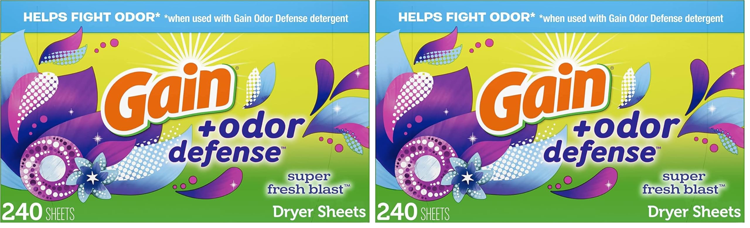 Gain + Odor Defense Dryer Sheets, Super Fresh Blast Scent Fabric Softener Sheets, 240 ct (Pack of 2)