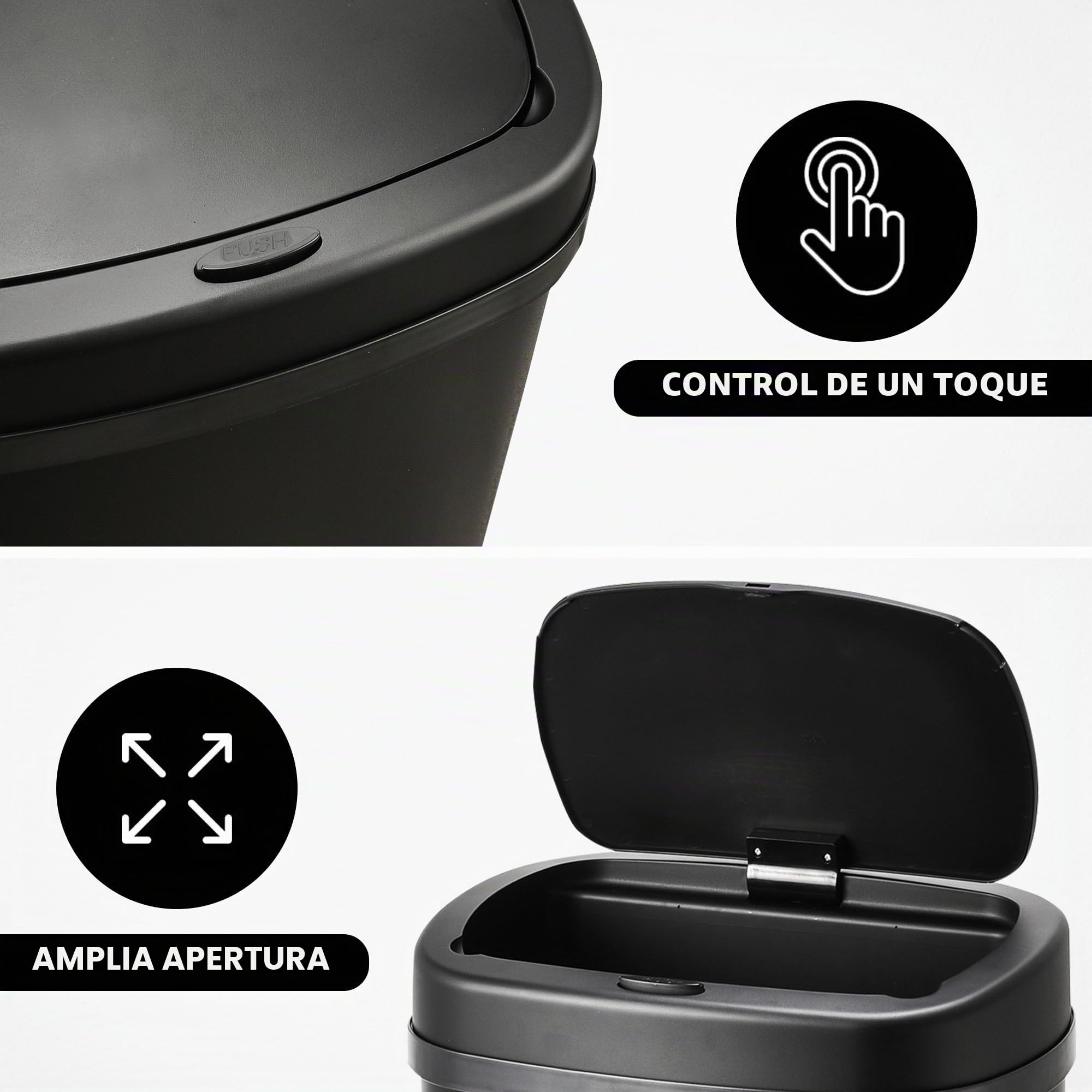 Bayt Cubo De Basura De Cocina De 60 L En Negro Con Tapa Táctil - Cubo Grande Para Residuos Y Basura Para Reciclaje | Cubo De Basura Rectangular Con Sellado Antiolor Para Dormitorio, Baño Y Oficina