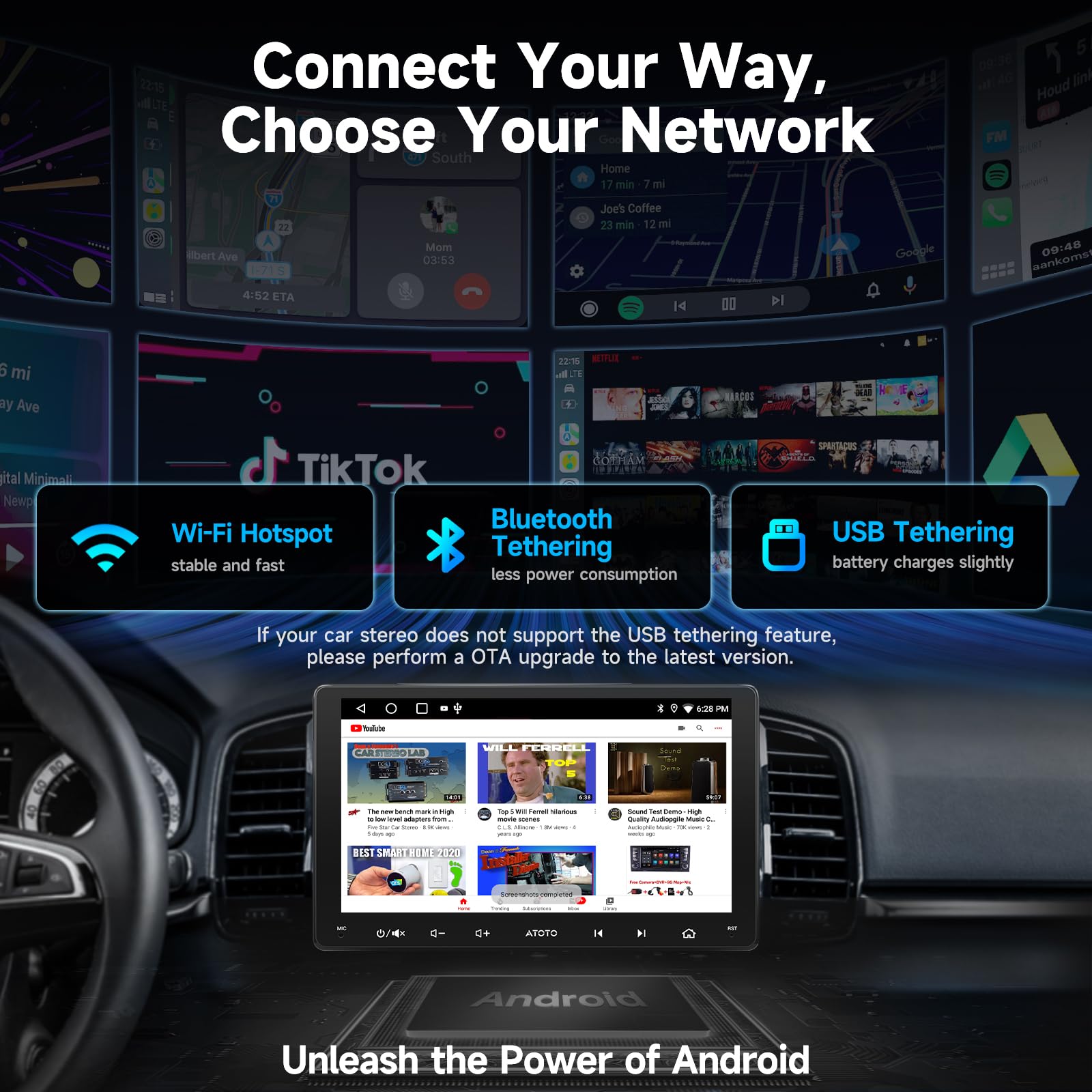 ATOTOZONE Android Wireless Double Din Car Stereo with Carplay, Android Auto, Dash Cam, GPS Tracking, AI Dialogues, 9