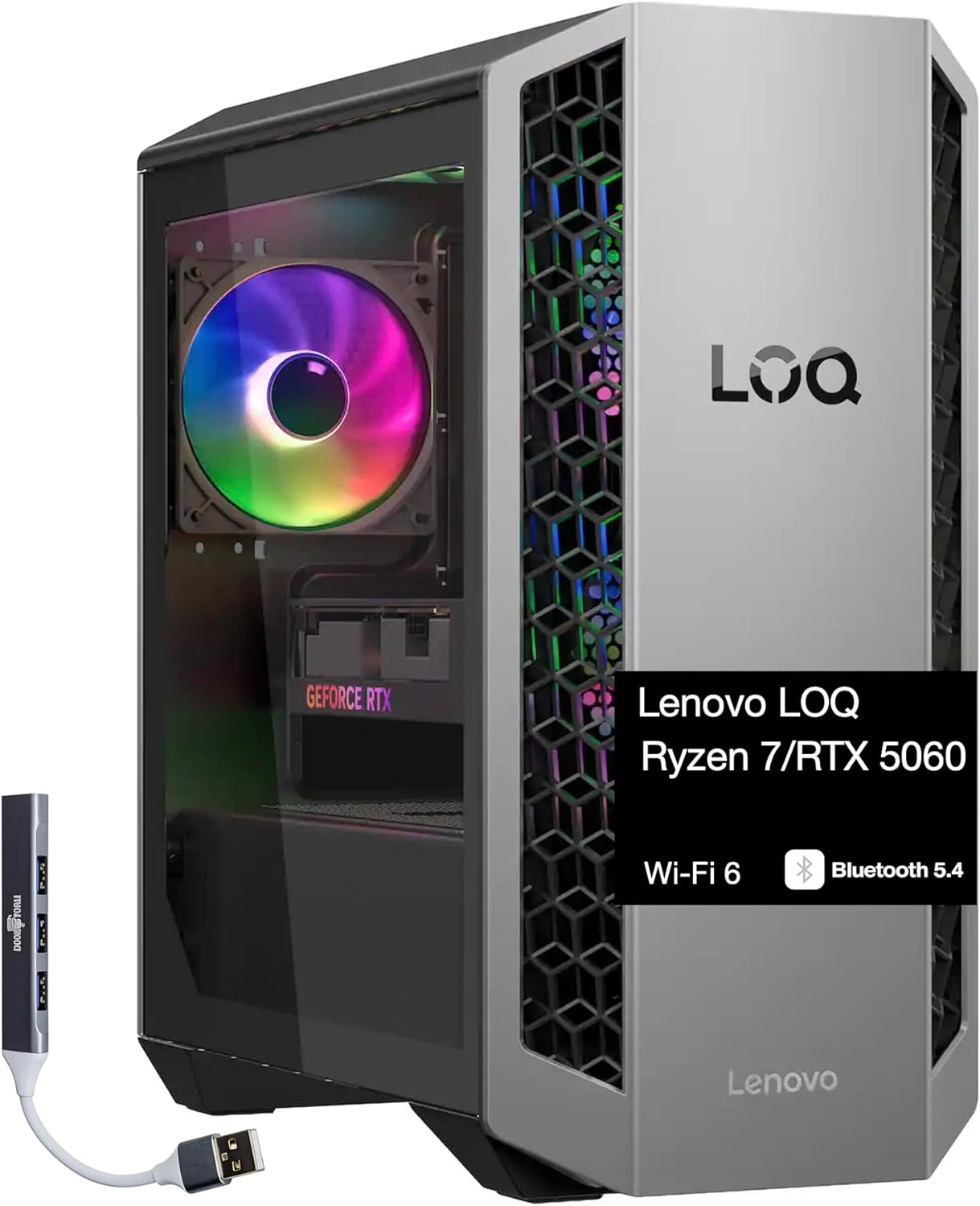 Lenovo LOQ Tower Gaming Desktop PC (AMD Ryzen 7 8745HX, GeForce RTX 5060 8GB GDDR7, 64GB DDR5, 4TB PCIe SSD, RGB Fans, 500W PSU, WiFi 6, Bluetooth 5.4, RJ-45, Win 11 Home) w/DKZ USB Port Expander