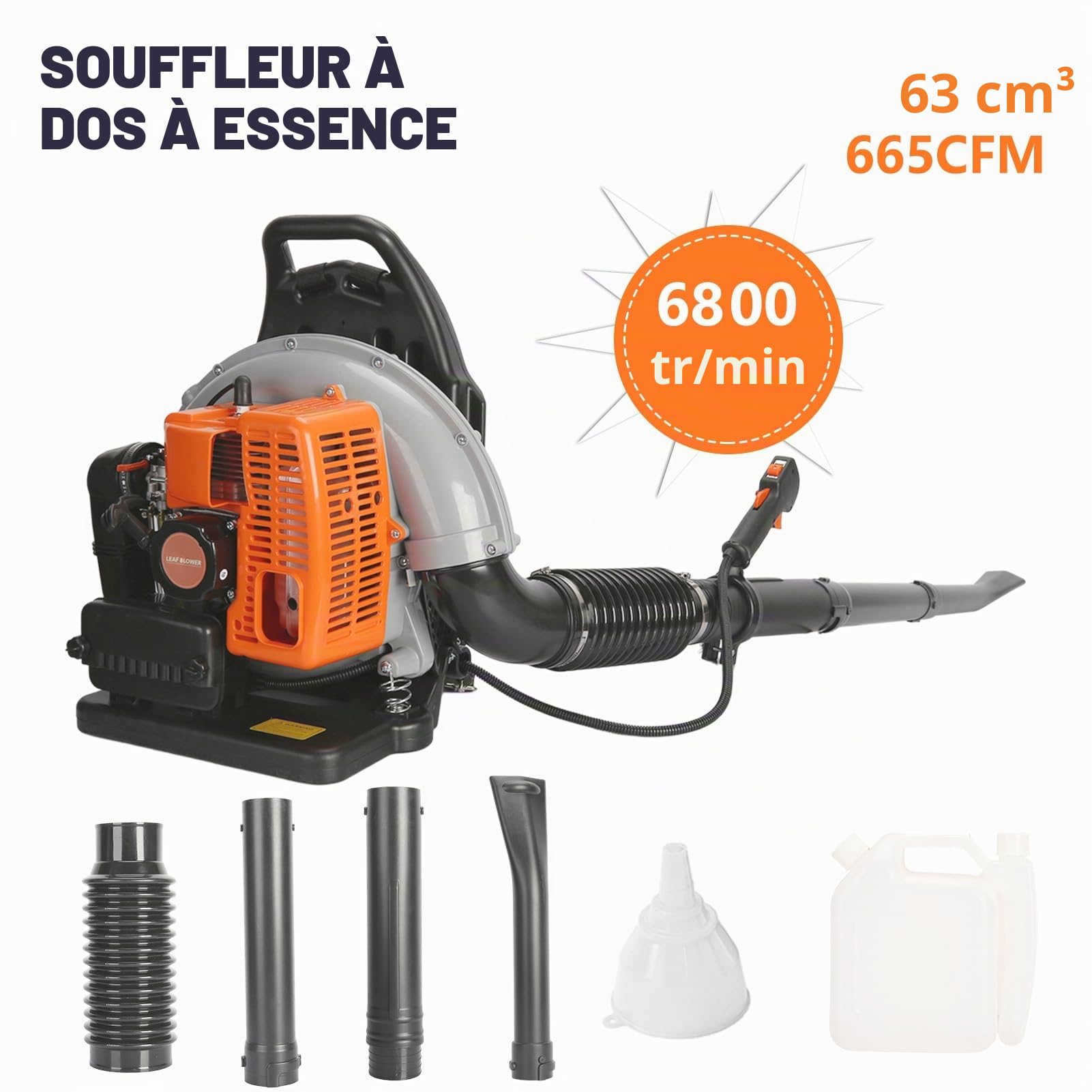 Souffleur de Feuilles à Dos 63cm3, Souffleur de Feuilles Thermique, Moteur à Essence 2 Temps 3 CV, Éléments de Commande sur poignée, avec Buses, Souflleuse pour enlèvement Feuilles mortes Jardinage