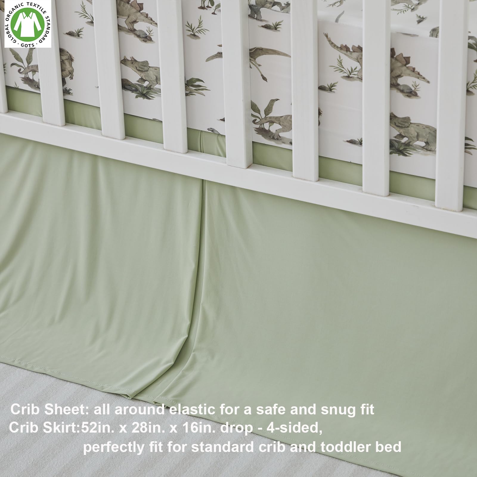 Brandream Juego de ropa de cama para cuna de bebé, 3 piezas, patrón de dinosaurios, elástico, ultrasuave, de punto, sábana bajera, falda de cama para cuna, color verde