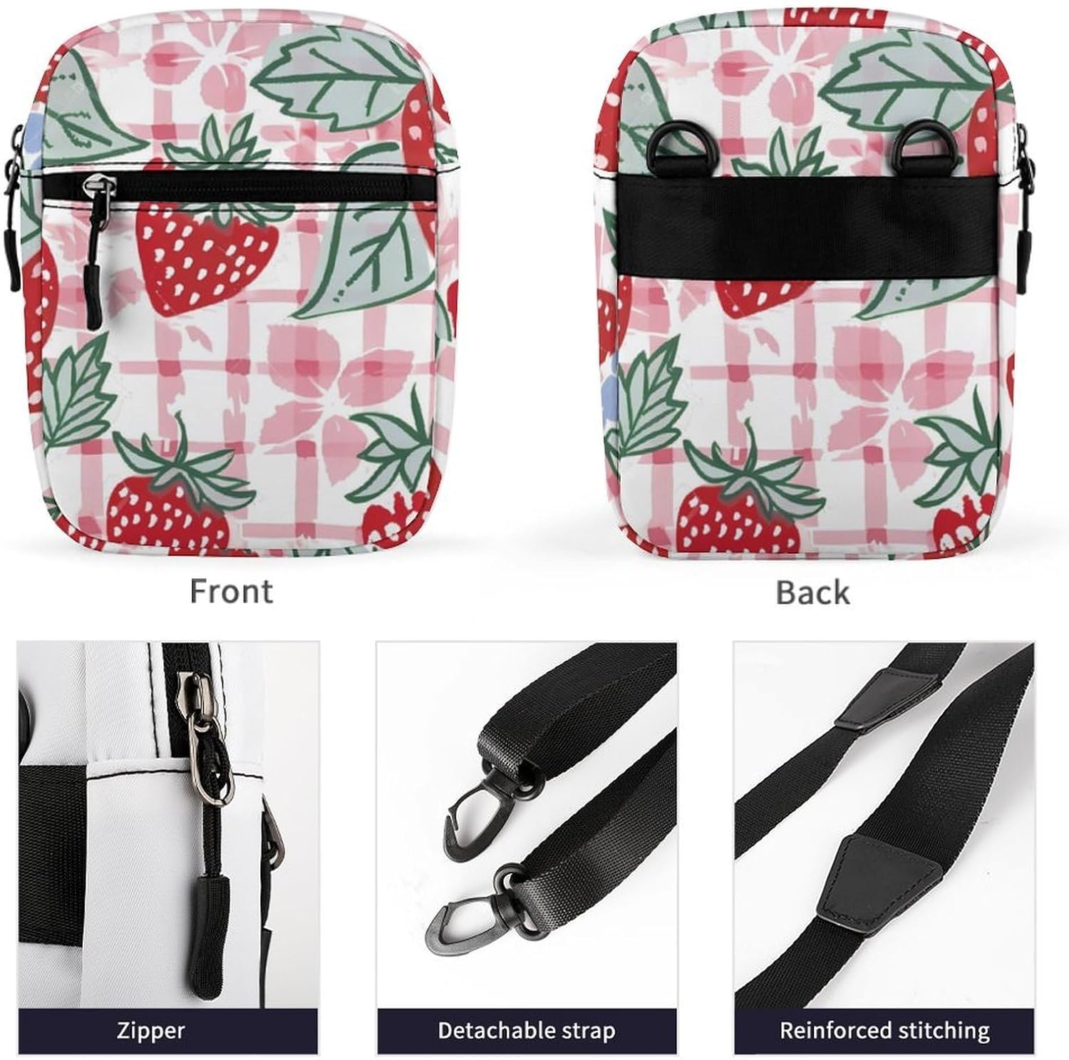 Strawberry Check Comic Style Small Crossbody Bag Sling Shoulder Satchel | for women men,work travel workout,detachable and adjustable shoulder strap