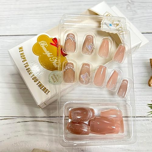 Miniatura 4 de Uñas postizas a presión con punta francesa color nude, uñas postizas acrílicas artificiales medianas con diseño de perlas de cristal 3D, uñas