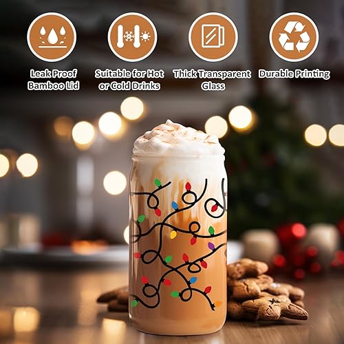 Miniatura 4 de GSPY Taza de café helado con luces de Navidad, vasos de 16 onzas con tapas y pajitas, tazas de vidrio de Navidad, lindo vaso de Navidad, regalos de