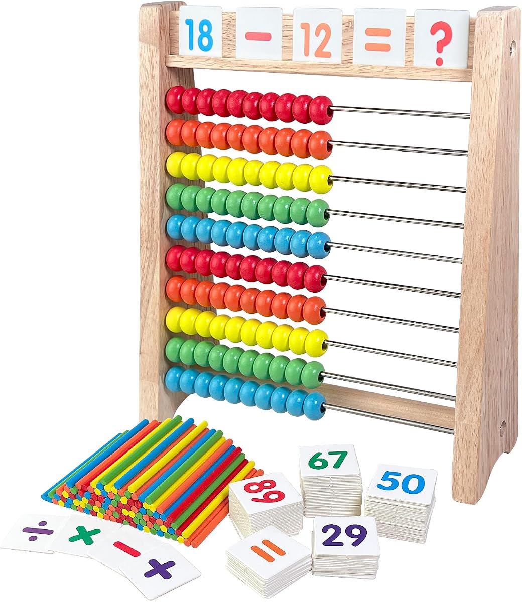 Wooden Abacus for Kids Math, 10 Row Bead Counting Frame | with Counting Sticks, Number Alphabet Cards, Learn Counting, Educational Gift for Toddlers, Preschoolers, for School, Daycare