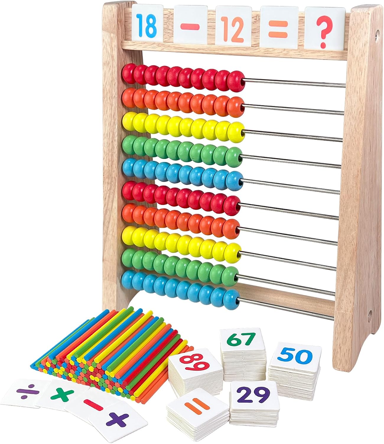 Wooden Abacus for Kids Math – 10 Row Bead Counting Frame with Counting Sticks & Number Alphabet Cards, Learn Counting, Educational Gift for Toddlers, Preschoolers – Ideal for Home, School & Daycare