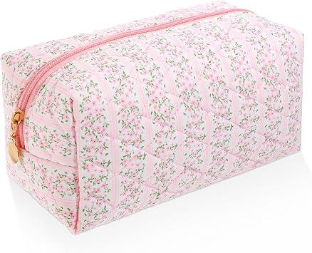 Floral Makeup Bag Travel Cosmetic Bag Organizer Aesthetic Quilted Cute Pink Flowers Zipper Toiletry Make Up Pouch Portable Cloth Storage for Women Girls Pen Case