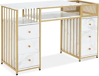 M MCombo Schreibtisch mit 6 Schubladen, Nageltisch, Manikürtisch, Schminktisch ohne Spiegel Modern, Computertisch mit Ablagen Wohnzimmer, 46x125x81cm, 2425 (Weiß-Gold)