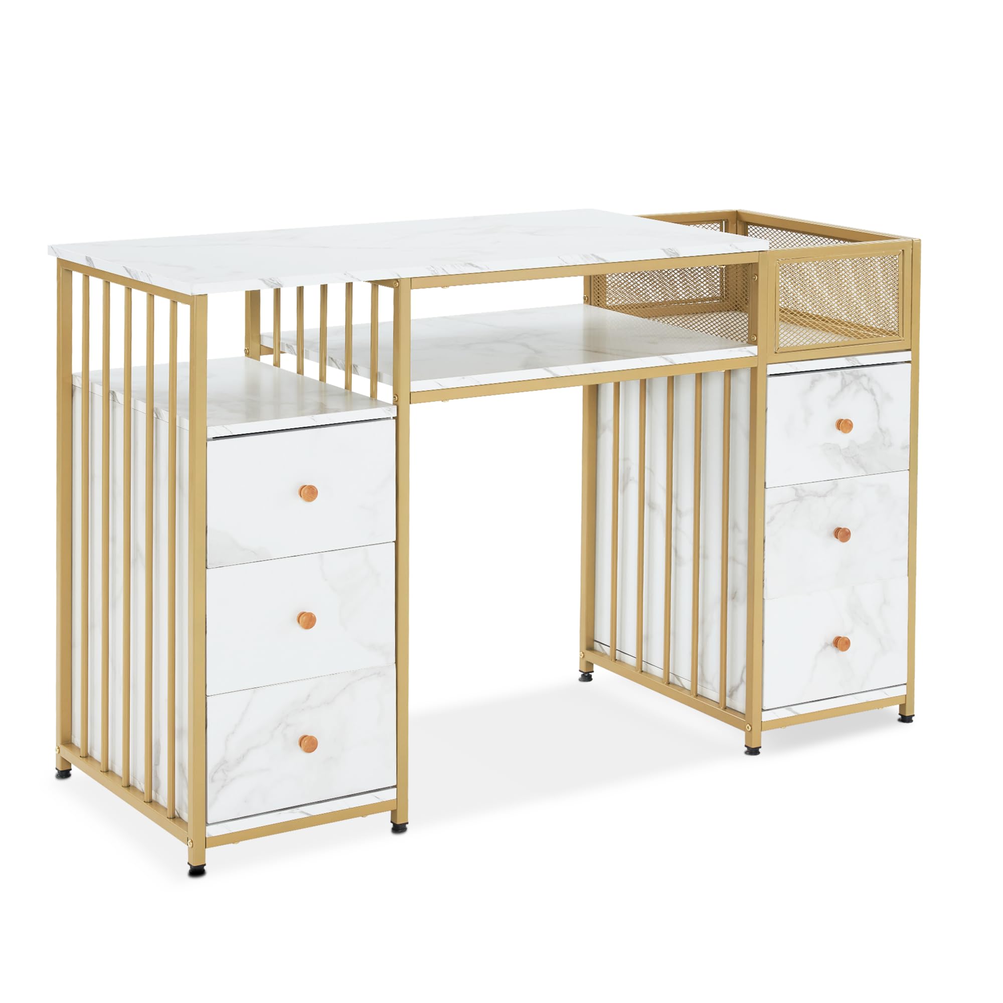 M MCombo Schreibtisch mit 6 Schubladen, Nageltisch, Manikürtisch, Schminktisch ohne Spiegel Modern, Computertisch mit Ablagen Wohnzimmer, 46x125x81cm, 2425 (Weiß-Gold)