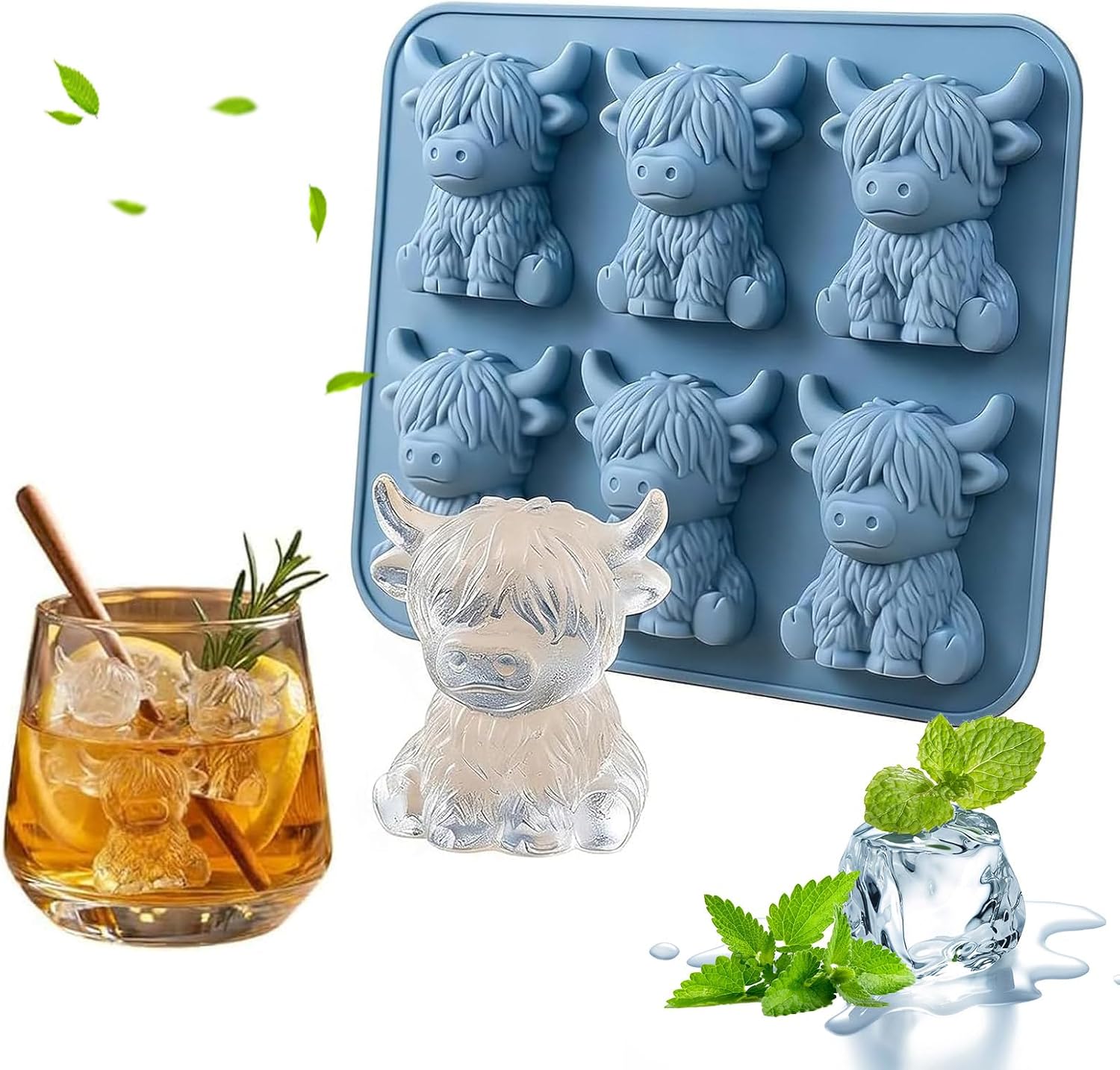 Mini Highland Cow Ice Cube Mold, Cute 3D Silicone Cow Ice Cube Tray, Reusable Cattle Shaped Ice Mold for Cow Lovers, Parties & Bar Decor (Blue)
