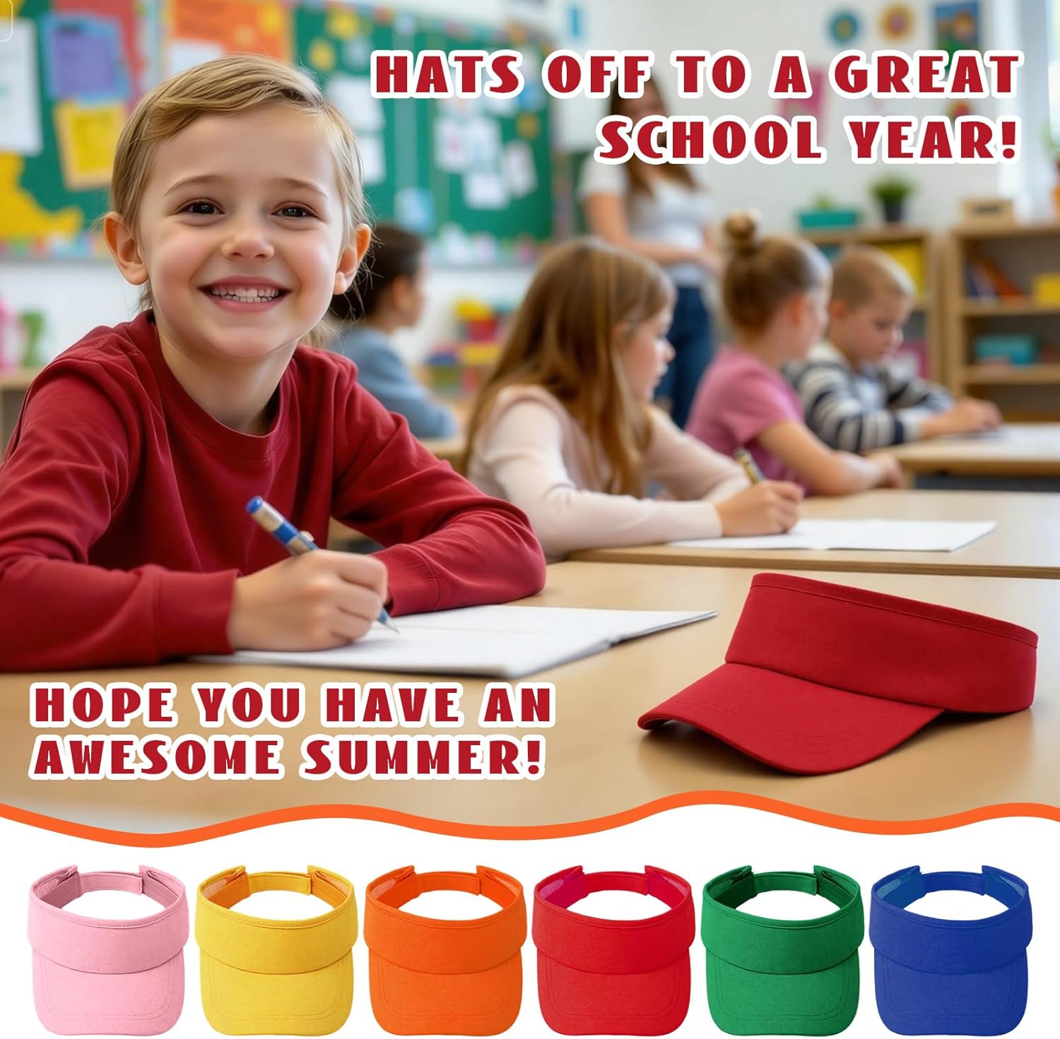 Janmercy 24 Pcs End of The School Year Gifts For Students Colorful Sun Visor Hats with Card Adjustable Sports Sun Hats for Preschool Kindergarten Graduation Classroom Prizes Summer Party Gifts