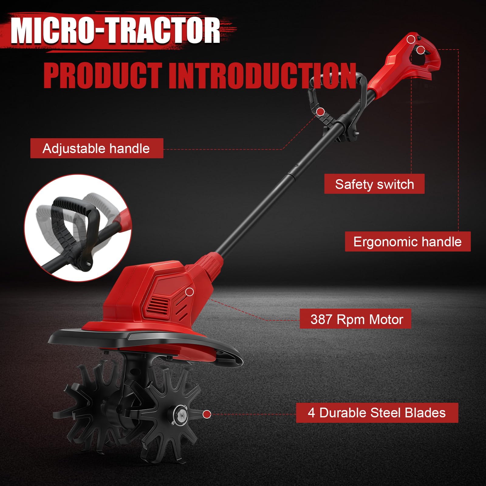Motoazada para huerto, azada eléctrica, para Milwaukee M18 18 V, con Profundidad de Trabajo de 18 cm, Ancho de Trabajo de 20 cm, Velocidad de 387 RPM, Mango ergonómico, para Cultivo de jardín