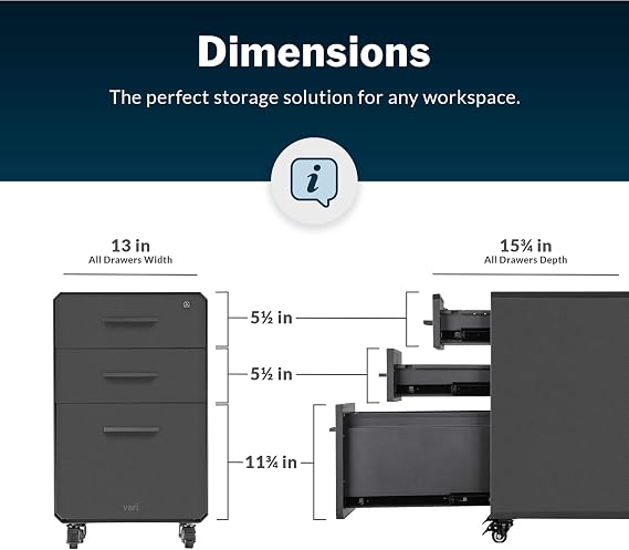 Vari Three Drawer File Cabinet - Mobile Filing Cabinet for Home or Office - Hanging File Storage - Lockable Drawers with Heavy-Duty Steel and Rolling Casters - Charcoal Grey