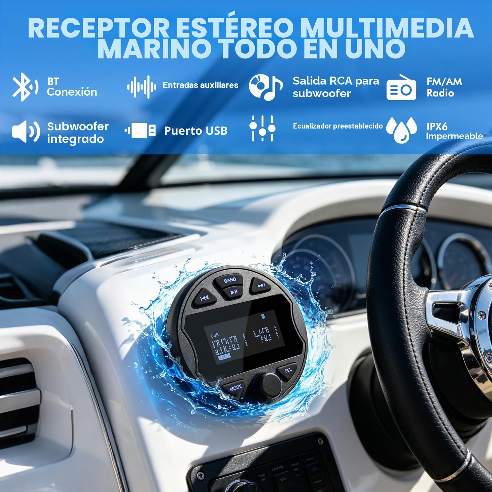 Receptor de Estéreo Marino MP3 con Función de Radio Digital Am/FM, USB, BT y Resistencia al Agua IPX6, Ideal para Barcos, Lancha y Uso Profesional | Digital Am/FM, USB, BT y Resistencia al Agua IPX6, Ideal para Barcos, Lancha y Uso Profesional