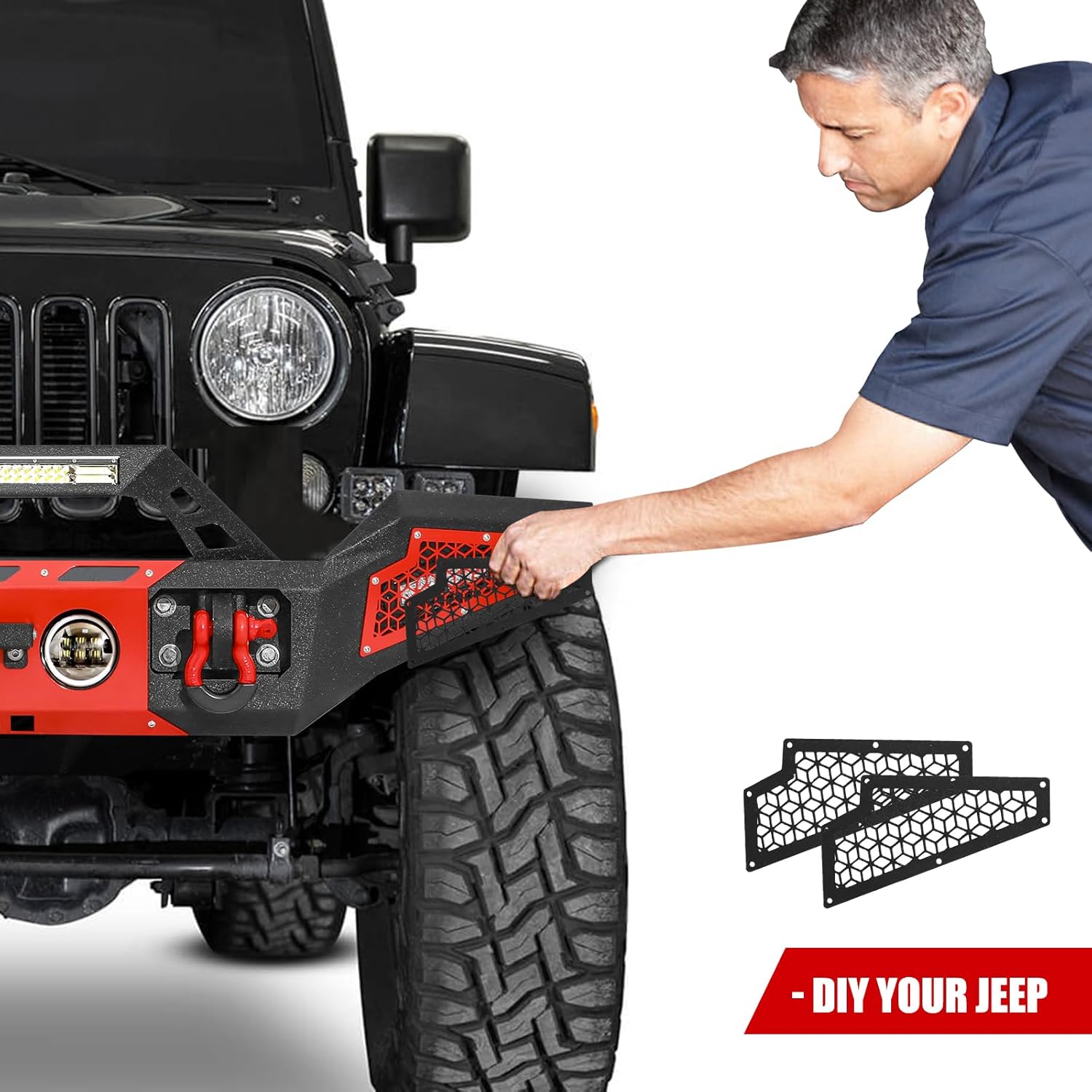 BESTZHEYU Front Bumper Compatible with 2007-2023 Wrangler JK/JL&2020-2021-2023 Gladiator JT (2/4 Doors) Bumper with Winch Plate, 4.5'' Fog Lights, LED Lights Bar& D-rings
