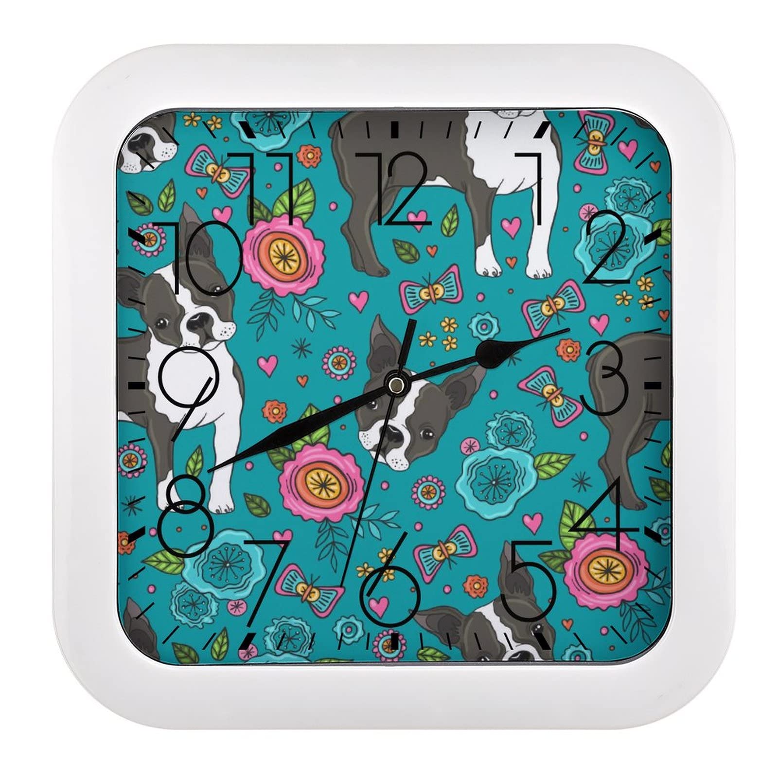 Horloge murale carrée bouledogue et fleurs 26x26cm pour décoration de salon