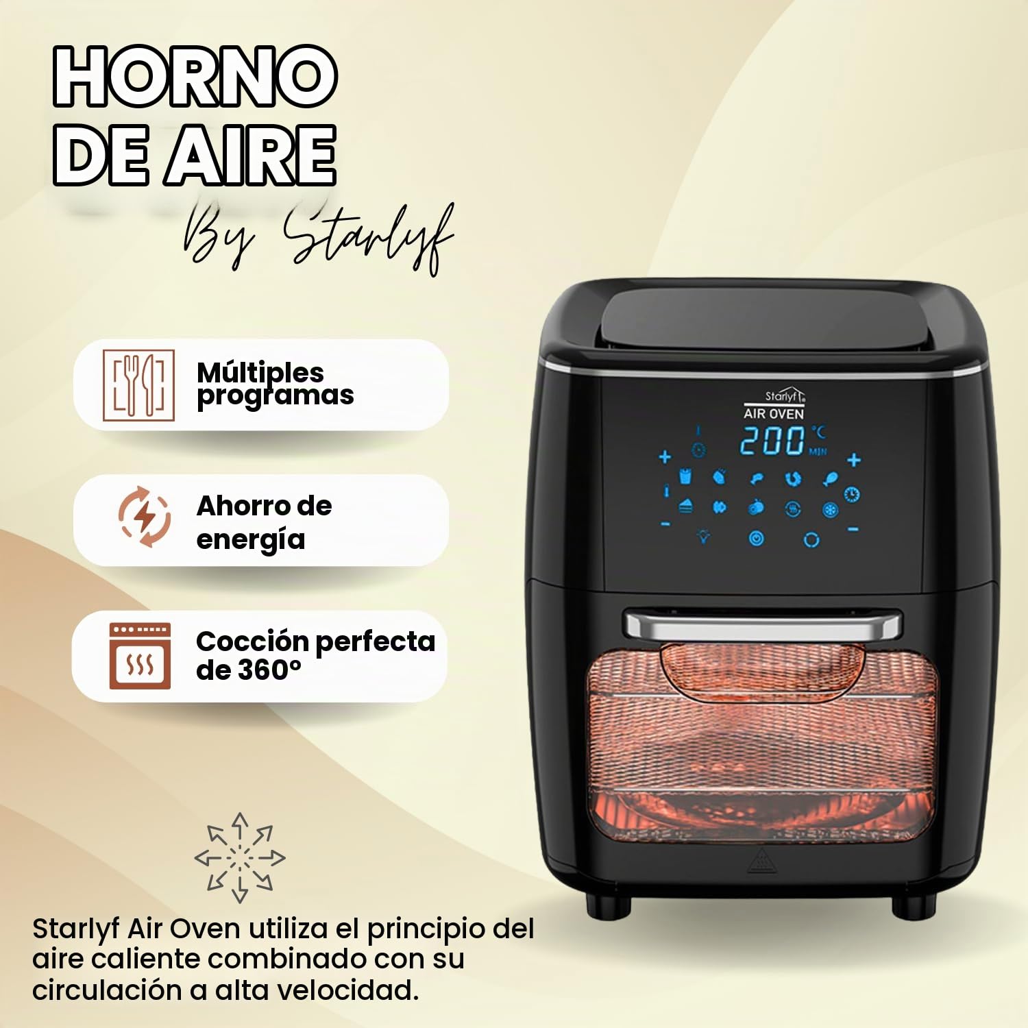 STARLYF Air Oven Freidora de Aire, Horno de Aire eléctrico, 1700W - 12L, Tecnología Air Cycling, 10 Programas, Freidora de Aire 65-200℃, Panel LED táctil, Fácil de Limpiar