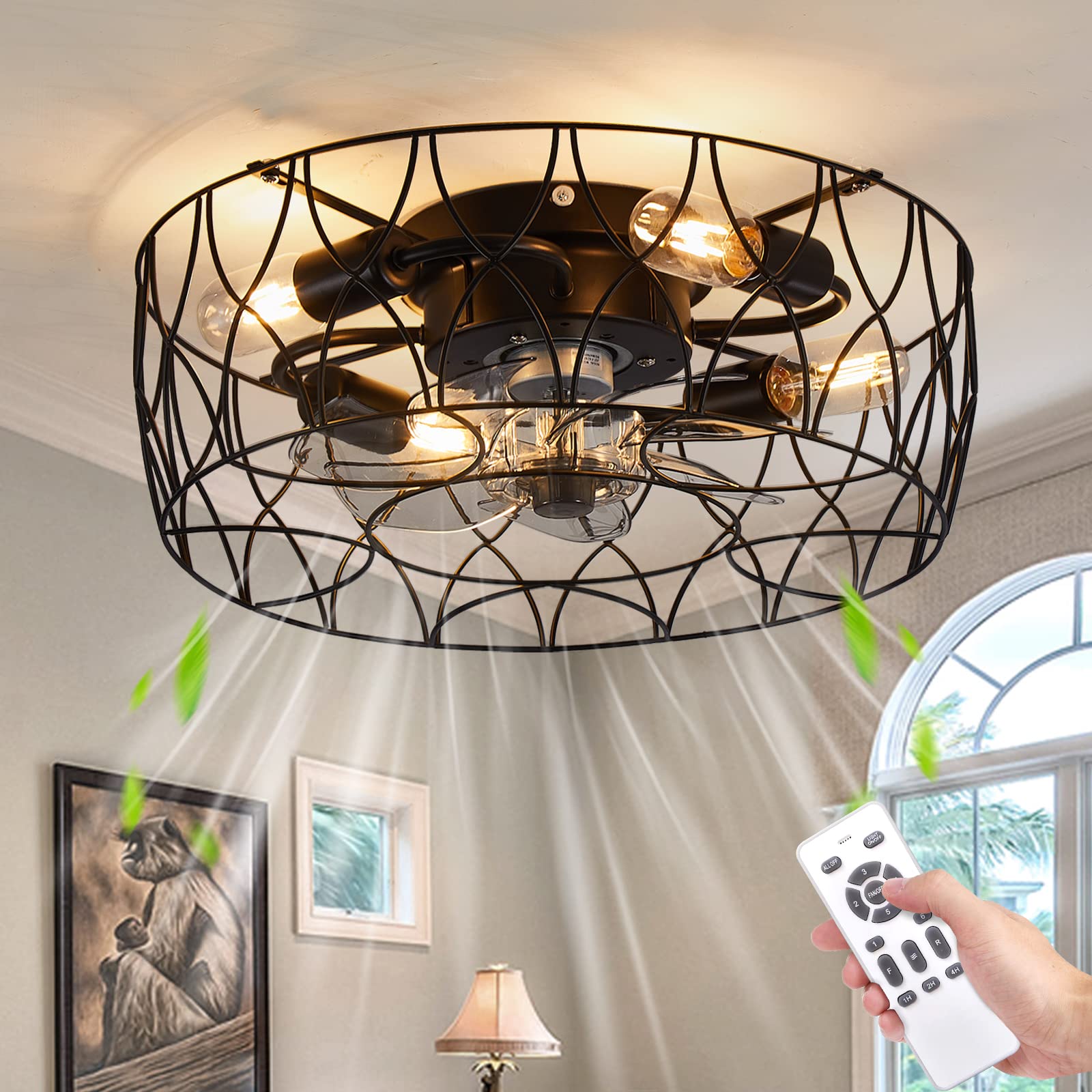 Caged Ceiling Fans with Lights, Flush Mount Low Profile Bladeless Ceiling Fan with Light and Remote, Metal Industrial Enclosed Ceiling Fan 6 Speed Reversible 4 Hours Timing