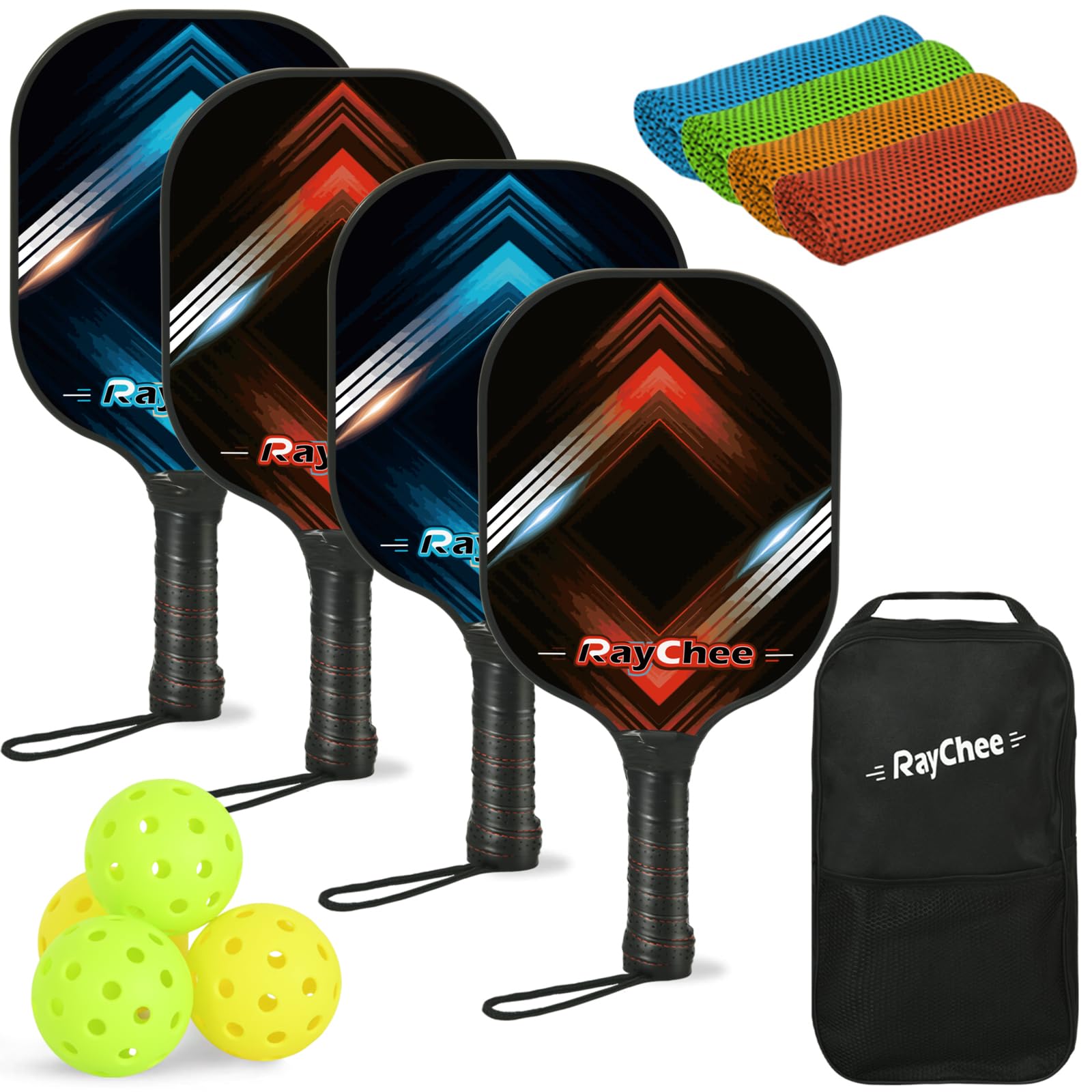 RayCheePickleball Paddles Set of 2/4, Pickleball Set with 4 Premium Wood Pickle Ball Rackets, 4 Cooling Towels, 4 Balls & Carry Bag, Pickle Ball Paddle Set with Ergonomic Comfort Grip for Men Women