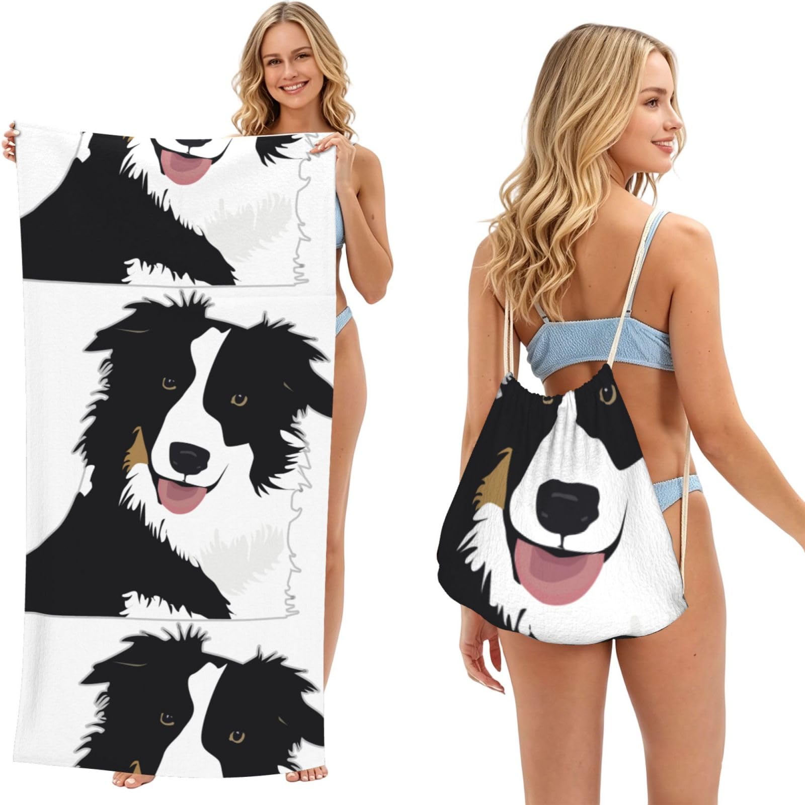 Poadnly As Picture Border Collie Dog, 2 In 1 Packable Towel Bag, Beach Towels With Drawstring Backpack For Travel Holiday Camping