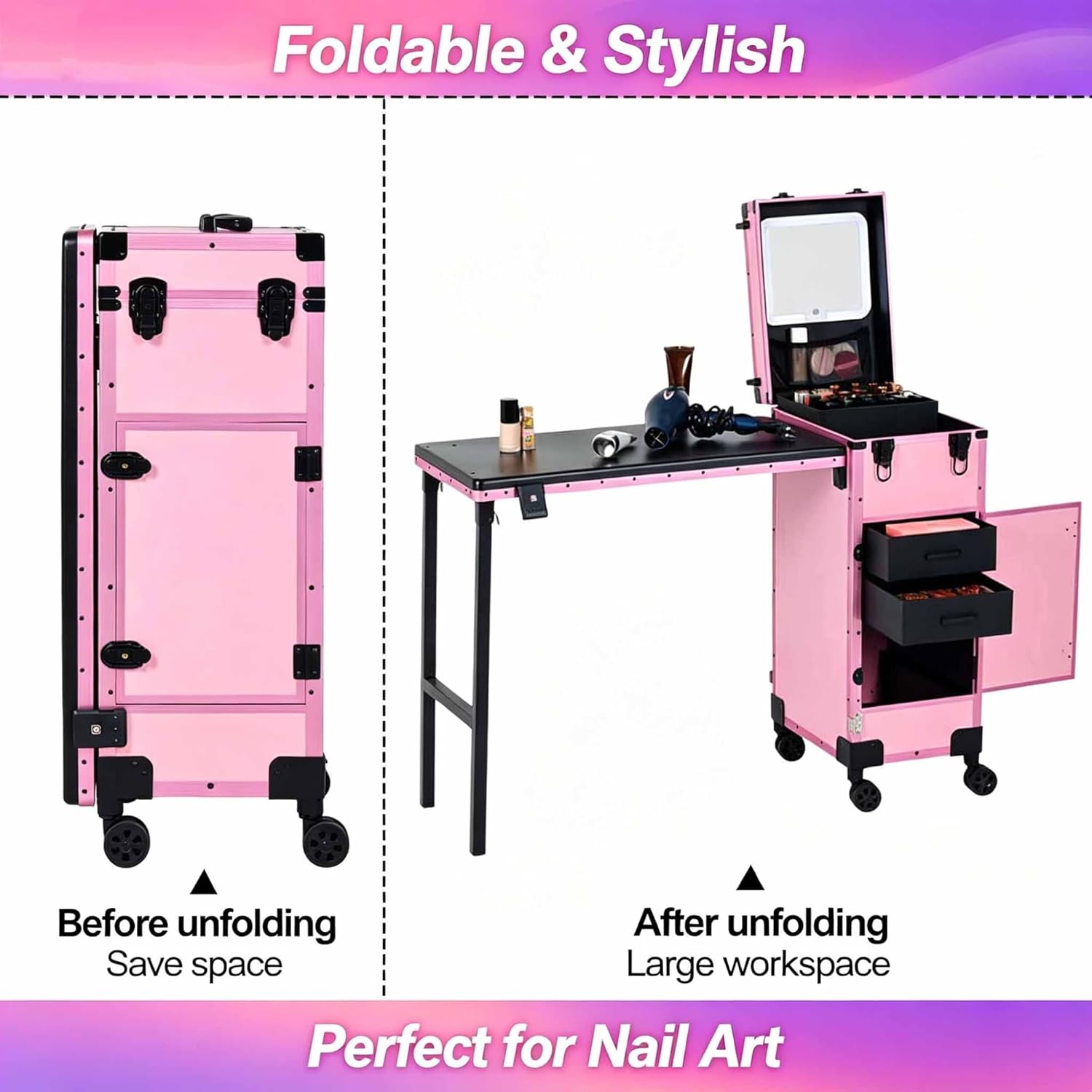 Large Nail Table for Nail Tech, Makeup Train Case with Foldable Nail Desk, Rolling Manicure Table, 360° Swivel Wheels, Dressing Table for Salon Barber