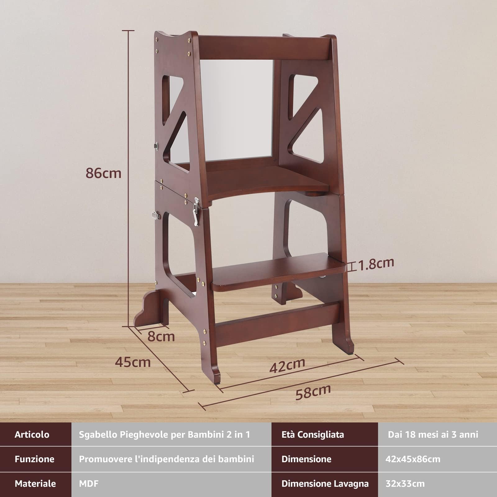 YOLEO Torre Montessoriana Learning Tower Pieghevole, Torre di Apprendimento per Bambini, Pedane Alzabimbo con Lavagna Magnetica Bifacciale, Trasformabile in Banco Scuola (Noce)