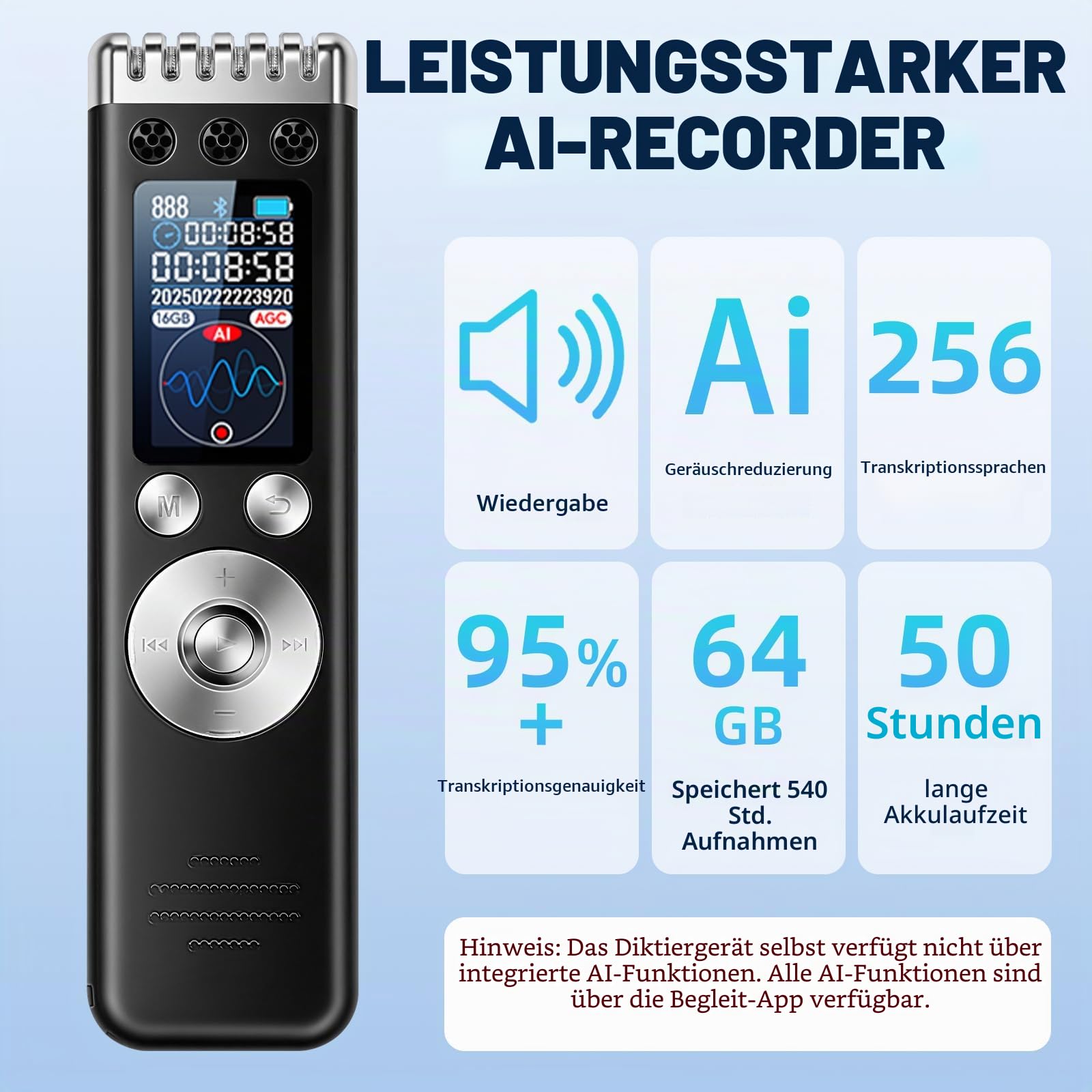 64 GB AI Digitales Diktiergerät - Professionelles tragbares Tonbandgerät mit KI-Transkription und Zusammenfassung, unterstützt 256 Sprachen, App-Steuerung für Konferenzen, Meetings