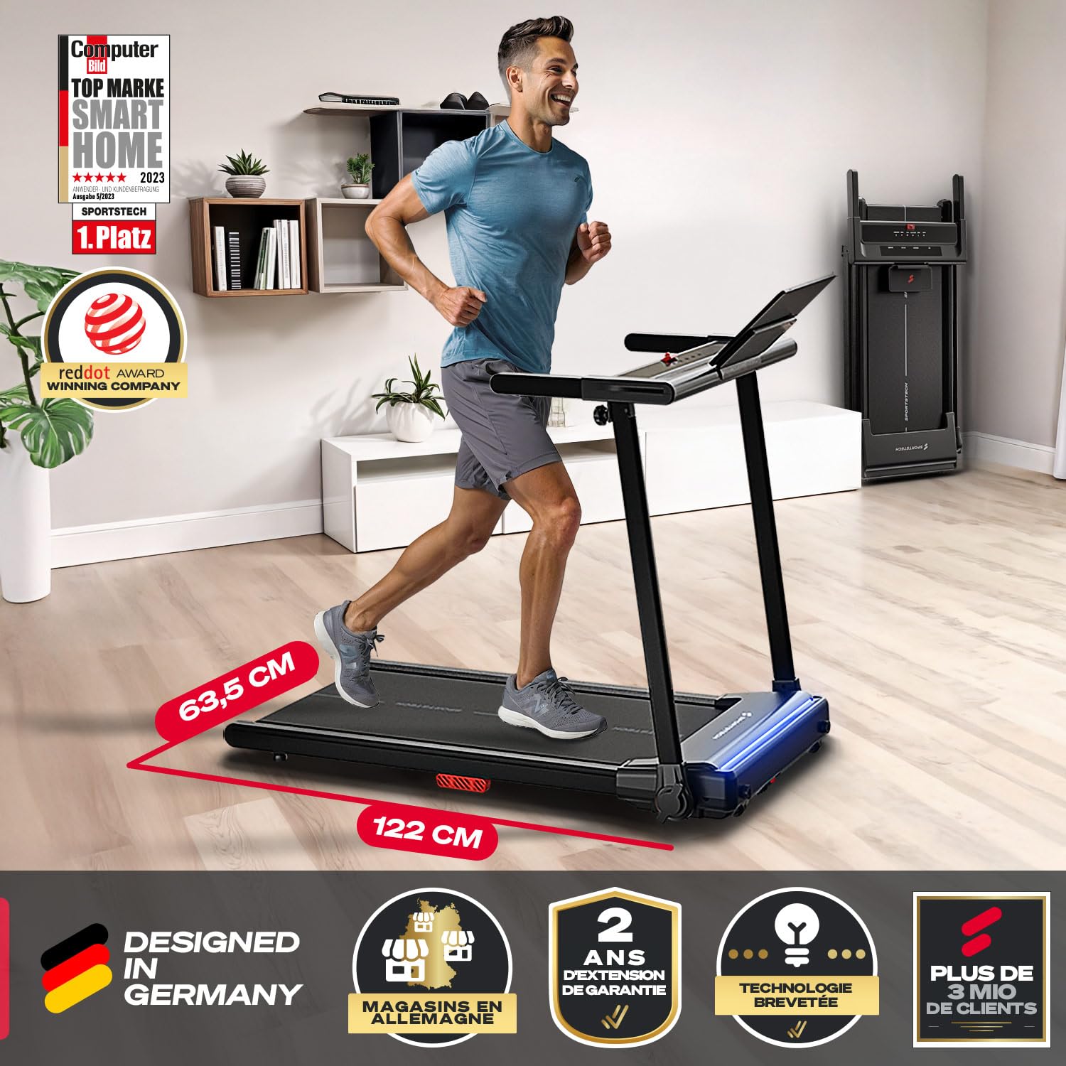 Sportstech sProRun Tapis de Course Pliable 12 km/h 120 kg Inclinaison 9% Bluetooth