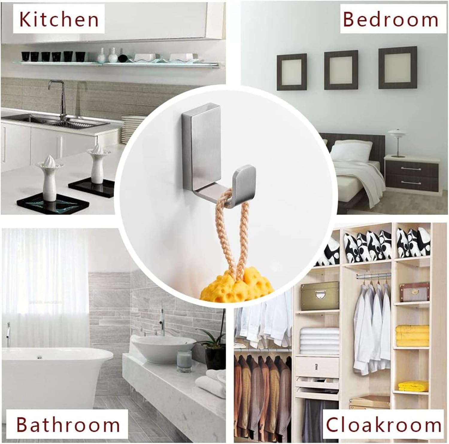BESy Brass Clothes Hook Single Towel Hook for Bathroom Kitchen Garage Square Style Robe Hooks Coat Hooks Hat Hook, Wall Mounted with Screws, Four Packs, Brushed Nickel