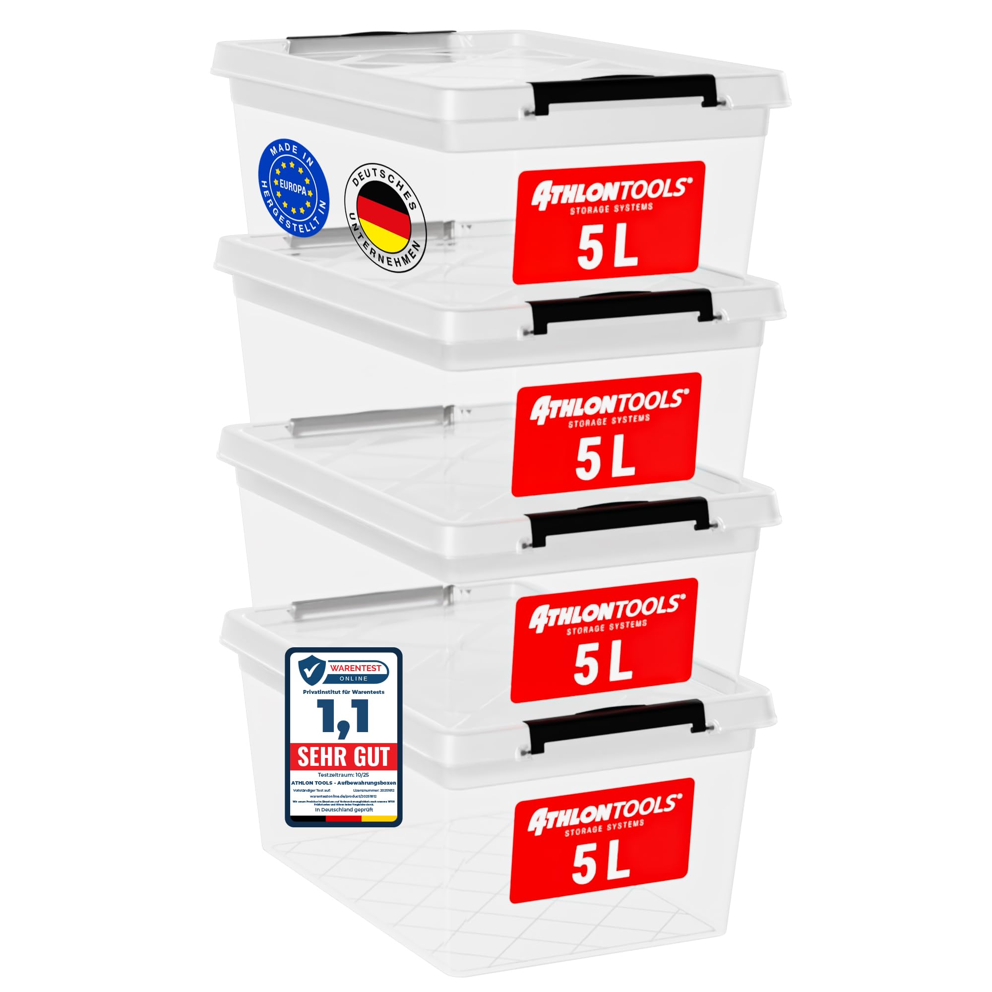 ATHLON TOOLS 4 x 5 L Aufbewahrungsboxen mit Deckel, lebensmittelecht - Verschlussclips - 100% Neumaterial Plastik-Box transparent - Kleiderboxen stapelbar…