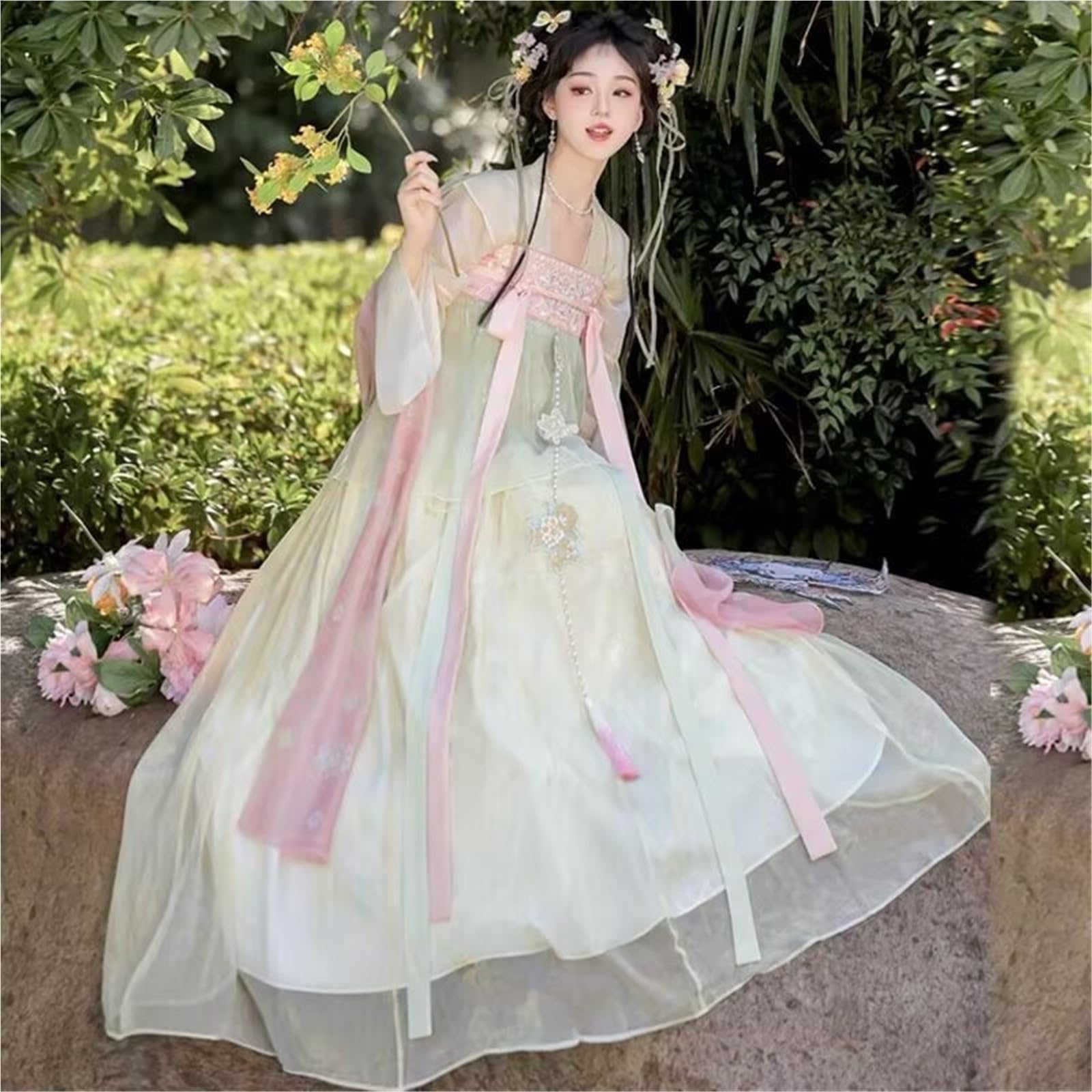 Chińska sukienka Hanfu kobiety przebranie na karnawał strój na imprezę Vintage starożytna dynastia Tang różowy i żółty gradient Plus rozmiar