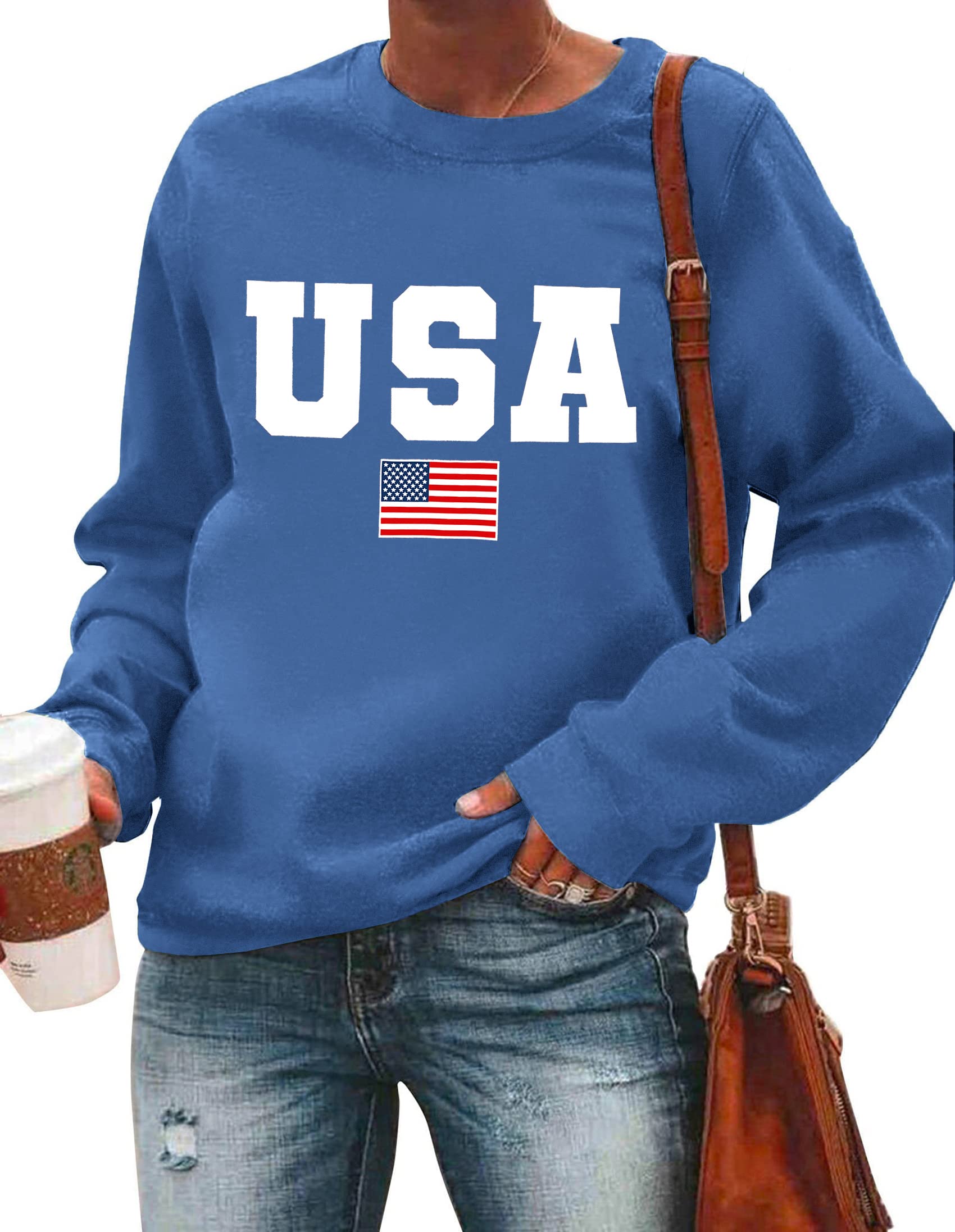 USA Sweatshirt Women American Flag Shirt Patriotic Tshirt Stars Stripes Pullover 4th of July Tee Tops