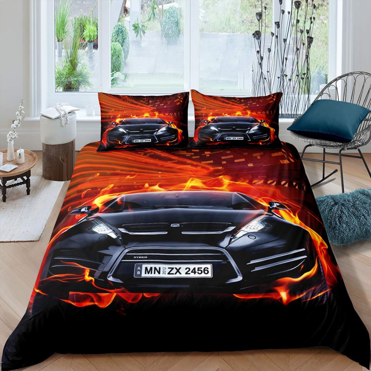 Teens Race Car Duvet Cover Set King Size, Speed Sports Car Bedding Set For Kids Boys Youth Adult Bedroom, Extreme Sport Comforter Cover Gold Flame Quilt Cover With 2 Pillow Cases