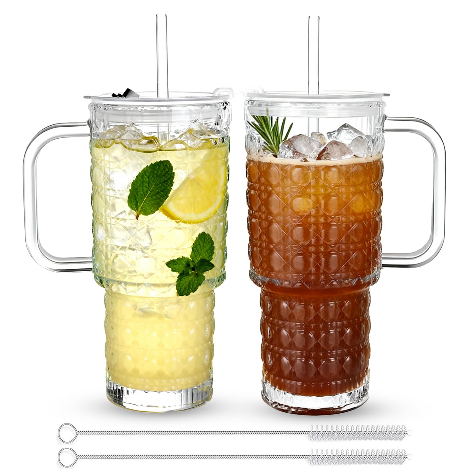 XWGKLN 2pcs Glass Cups with Lids and Straws, 500ml Leakproof Iced Coffee Tumblers with Straws & Brush, Modern Large Glass Mug for Cold & Hot Beverages, Smoothies, Tea, and Juice