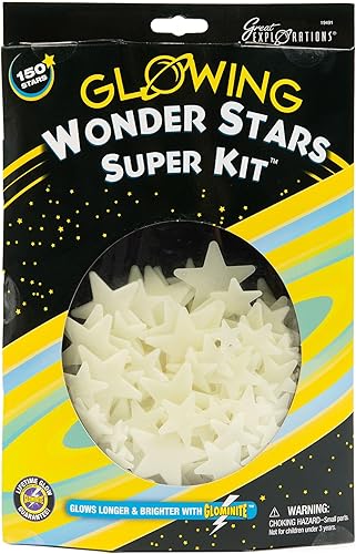 Great Explorations Wonder Stars Super Kit, estrellas de techo que brillan en la oscuridad. 150 piezas en 4 tamaños reutilizables