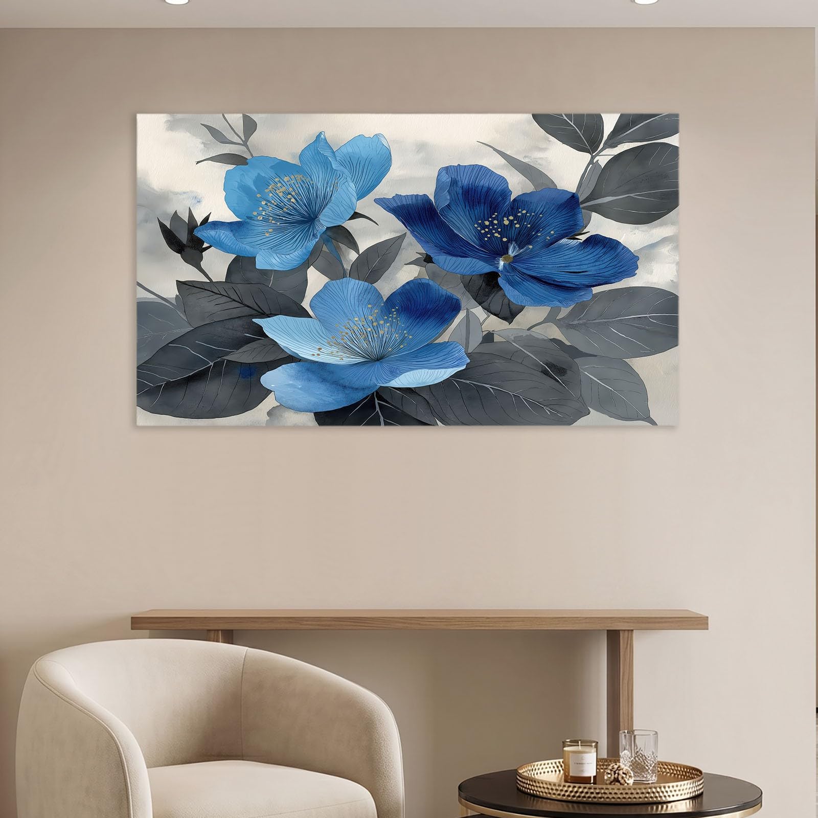 Generisch Planta Flor Mural con Marco, 140 x 70 cm, lienzo gris, flores, hojas, decoración de pared, impresión de alta definición, marco de madera maciza, fácil montaje, versátil