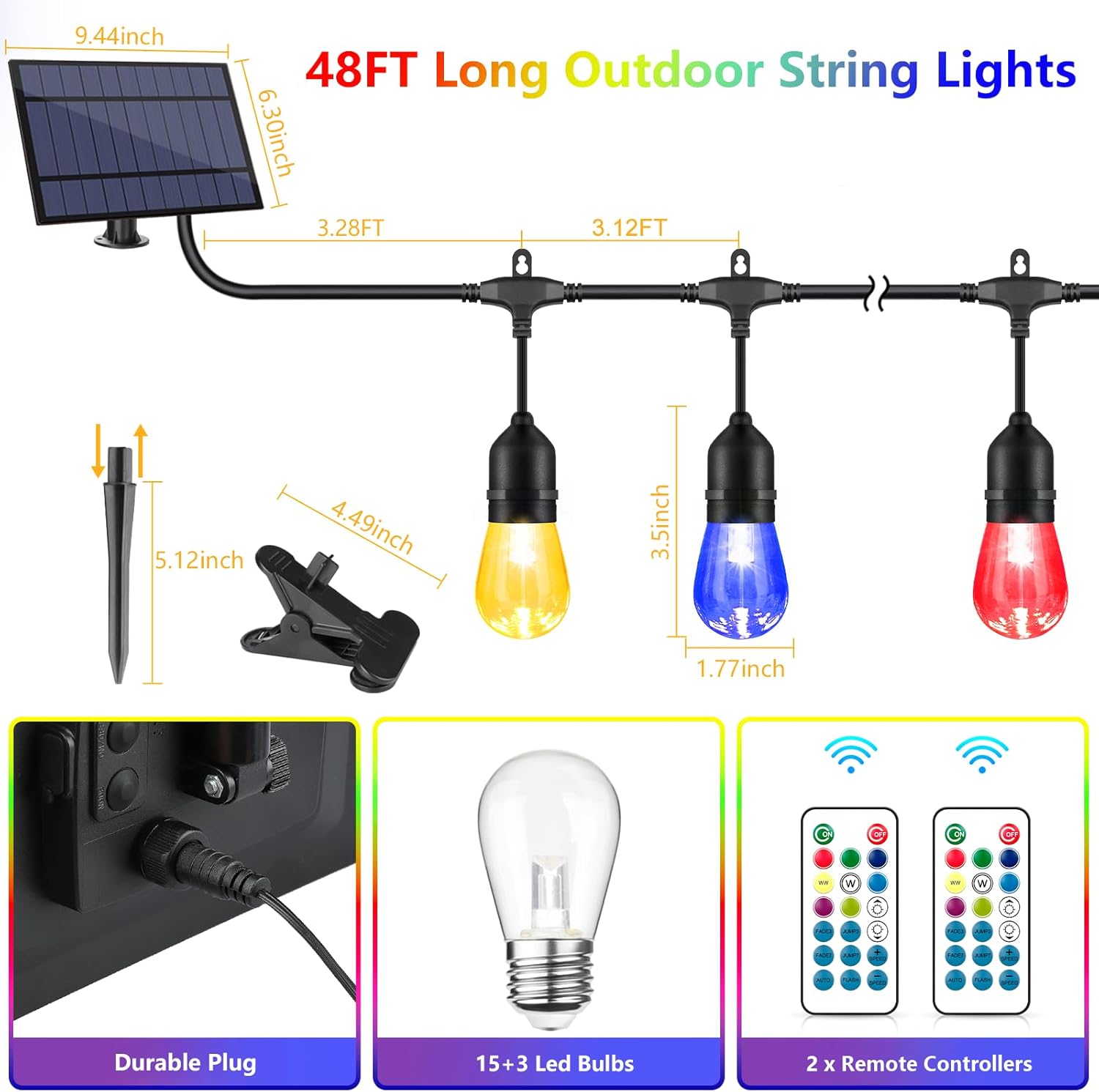 48FT Solar Outdoor RGB String Lights, 15+3 Waterproof Shatterproof LED Bulbs Dimmable Patio String Lights with Remote, Commercial Solar String Light for Patio Yard