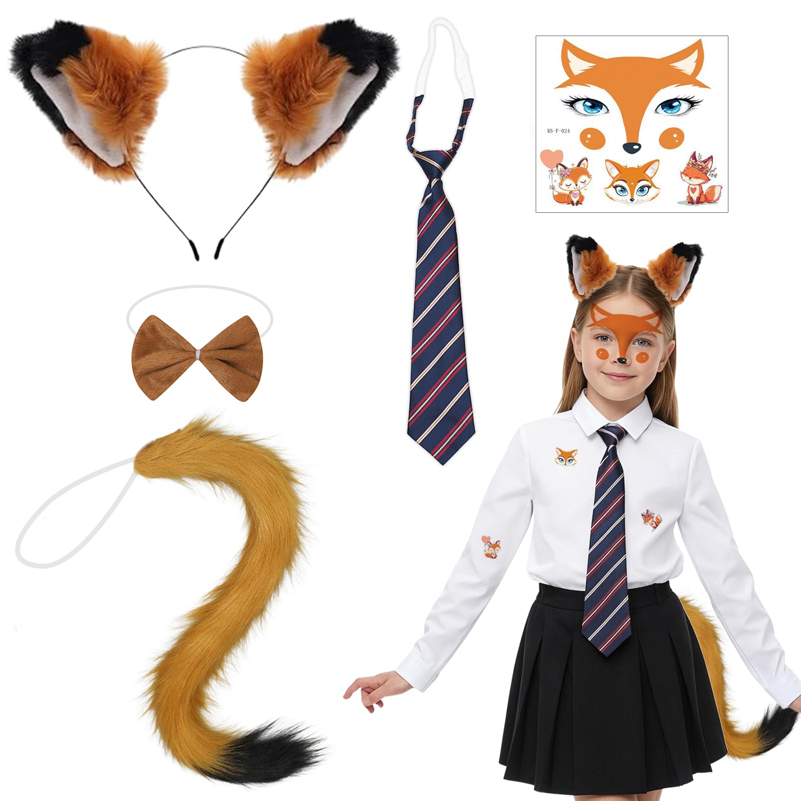YAEGIMHT Fox Costumes for Kids Adult Fox Ears Headband Fox Tail Striped Tie Sunglasses Face Stickers